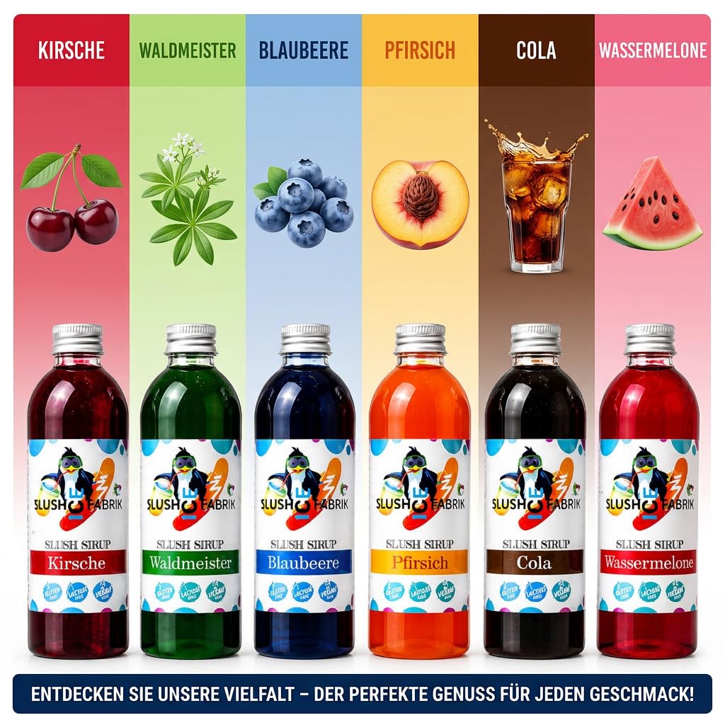 Sirup Partyset 6 x 250ml und 125 Löffelstrohhalme für Slush, Getränke Hergestellt ohne AZO und Glycerin | Slushy selber machen | Slushmaschine Aroma Konzentrat 1:5, Perfekt für Ninja Slushy Maschine