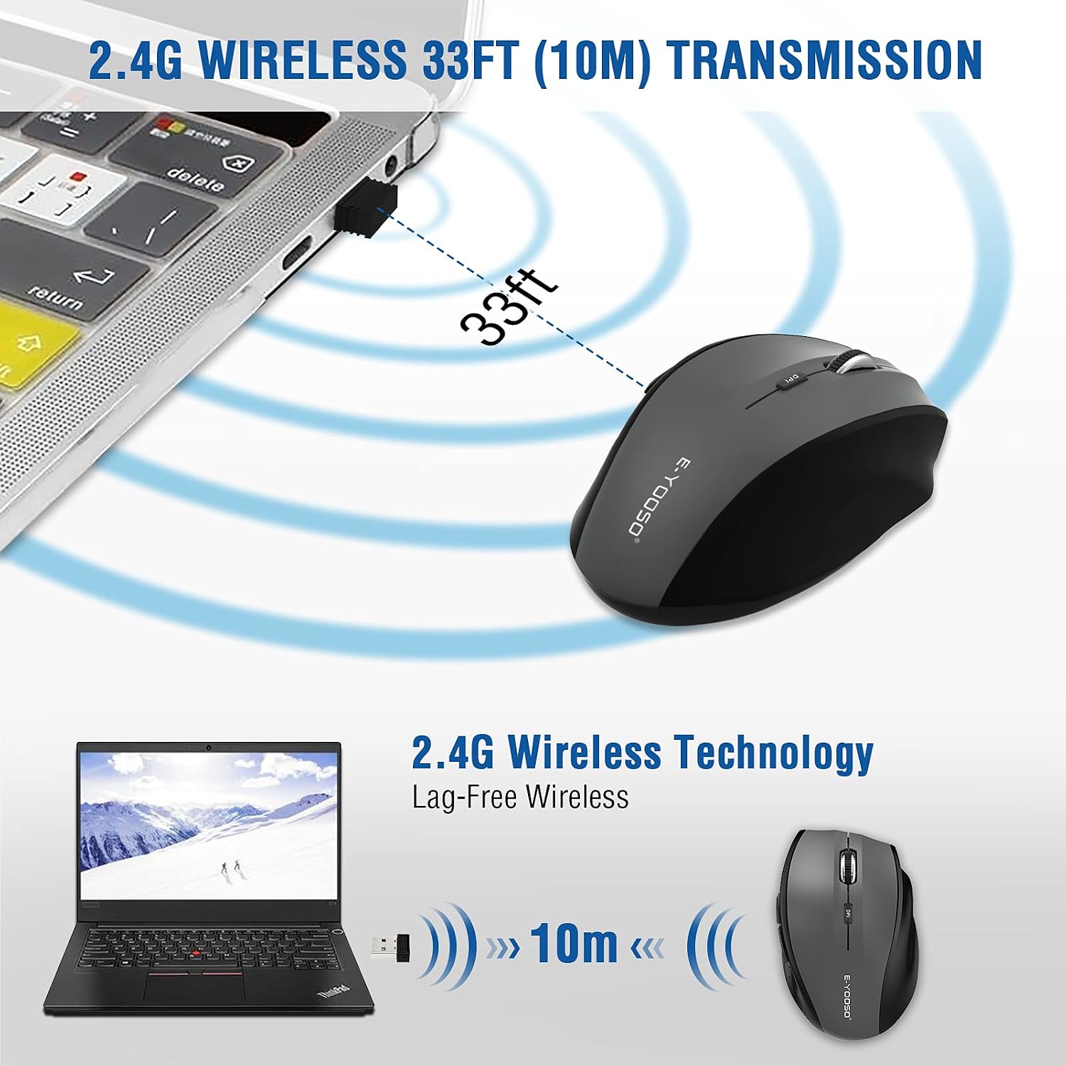 E-YOOSO Gray Wireless Mouse for Laptop, Computer USB Mouse 18 Months Battery Life, 5 Level 4800 DPI, 6 Button for Mac, Chromebook, PC, Windows - 3 Pack image 3