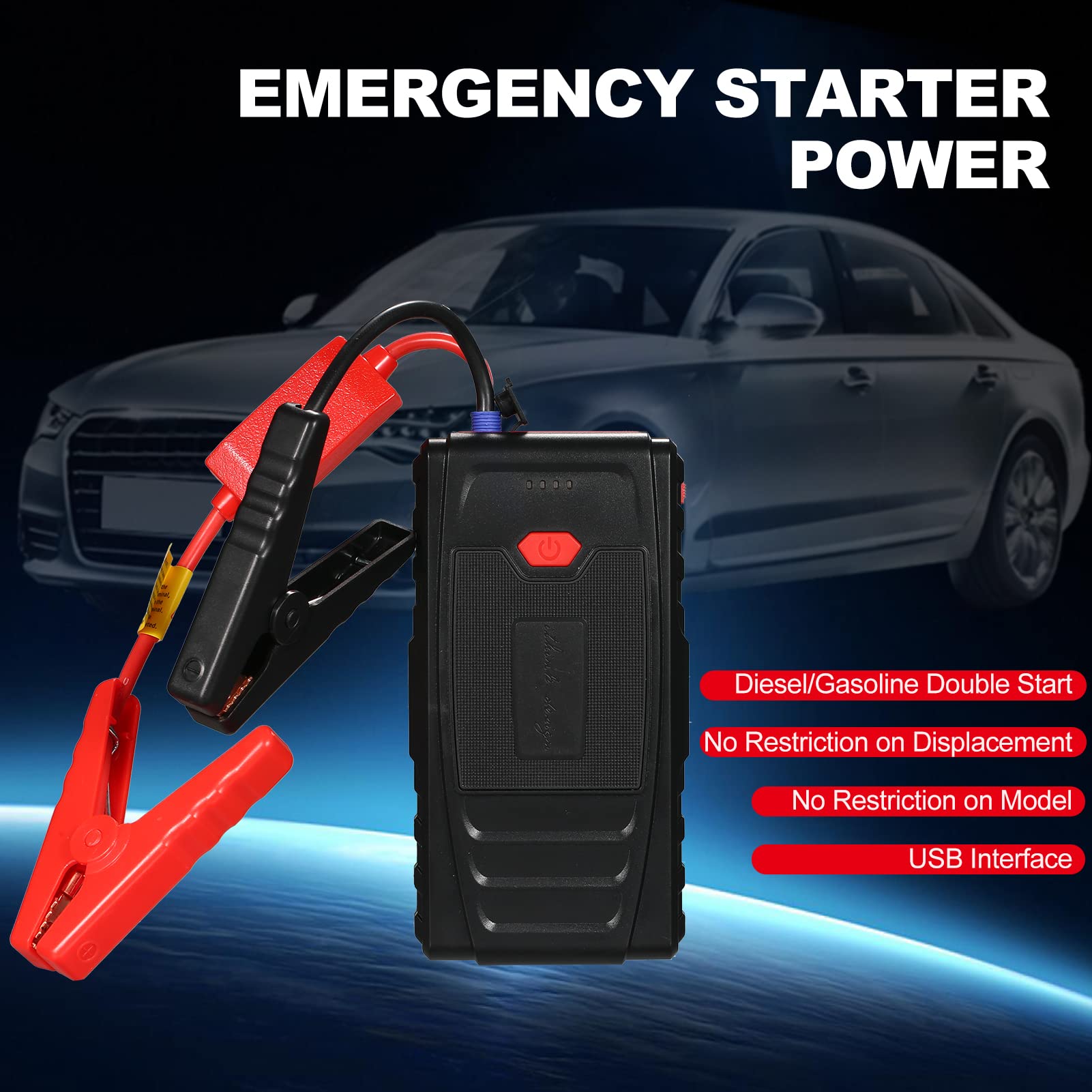 Automatyczny rozrusznik akumulatora 12 V z pompką powietrza LED, przenośny rozrusznik samochodowy z kablami rozruchowymi do silników benzynowych i 6,0 l