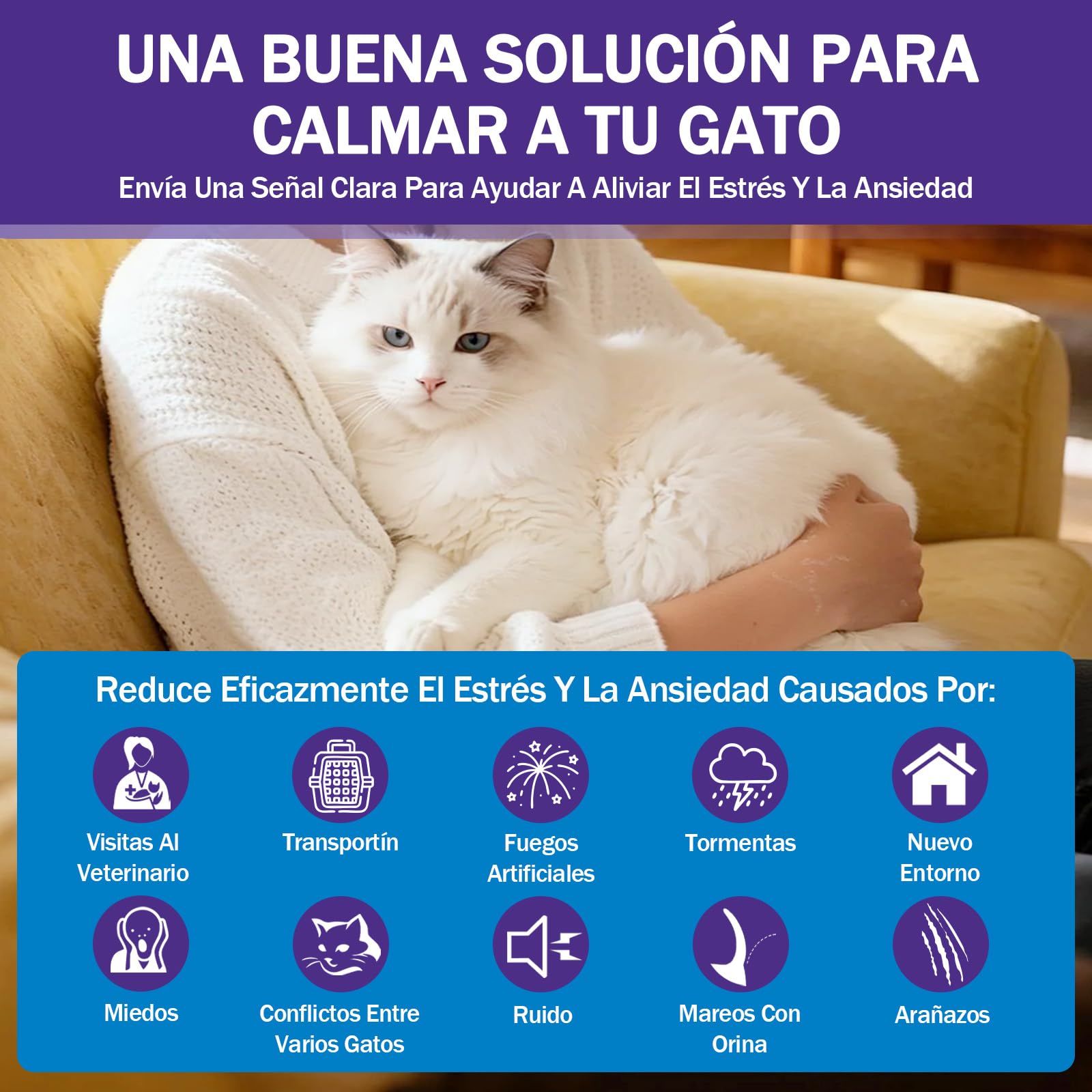 Difusor de Feromonas para Gatos - Enchufe Calmante para Relajación, Kit con 1 Difusor + 2 Recargas de 48ml - 60 Días de Confort