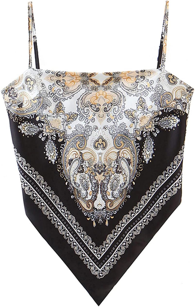 Women's Paisley Print Tie Back French Knot Hanky Hem Spaghetti Straps Handkerchief Cami Bandana Tube Crop Top
