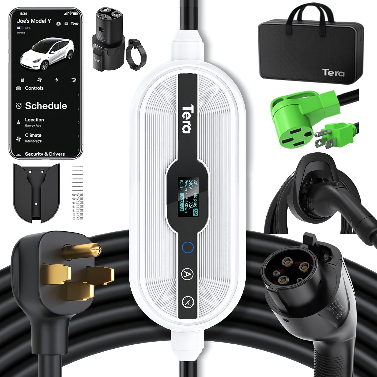 Tera Electric Vehicle Charger Level-1: Level 2 for Tesla J1772 EV 32A 8A 110V 240V Portable & Wall Connector Dual Use ETL NEMA 14-50 & 5-15 Wi-Fi Enabled 25FT Cable with Holder P01