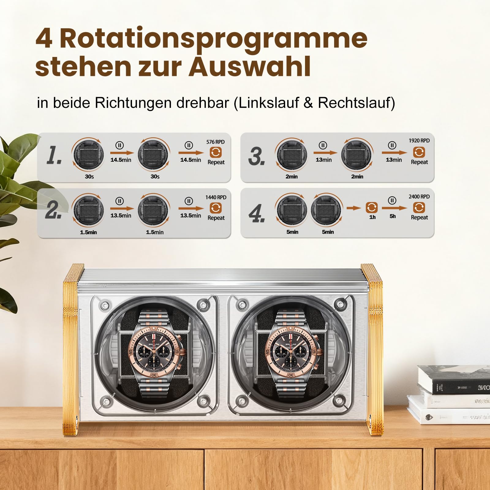 Watch Winder Smith Uhrenbeweger mit Mittelrotationsstoppfunktion – für 2 Uhren – geeignet für große Herren-Automatikuhren