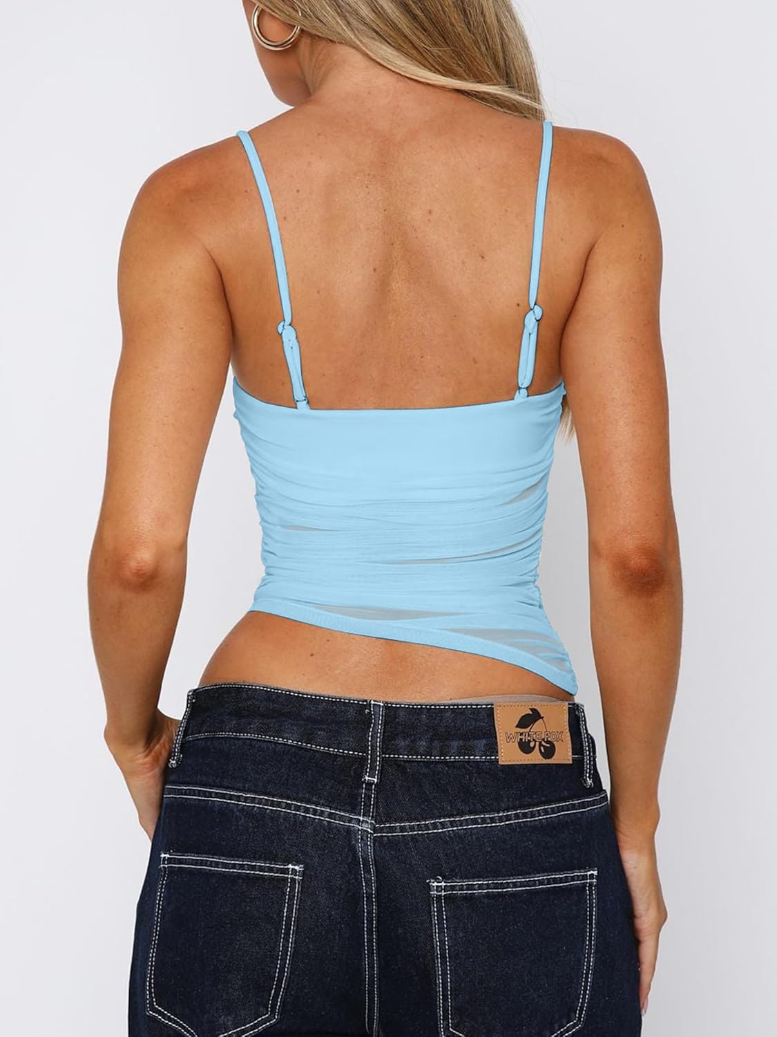 Mizoci Women's Sexy Spaghetti Straps Mesh Asymmetrical Ruched Sleeveless Going Out Camisole Crop Top - Image 2