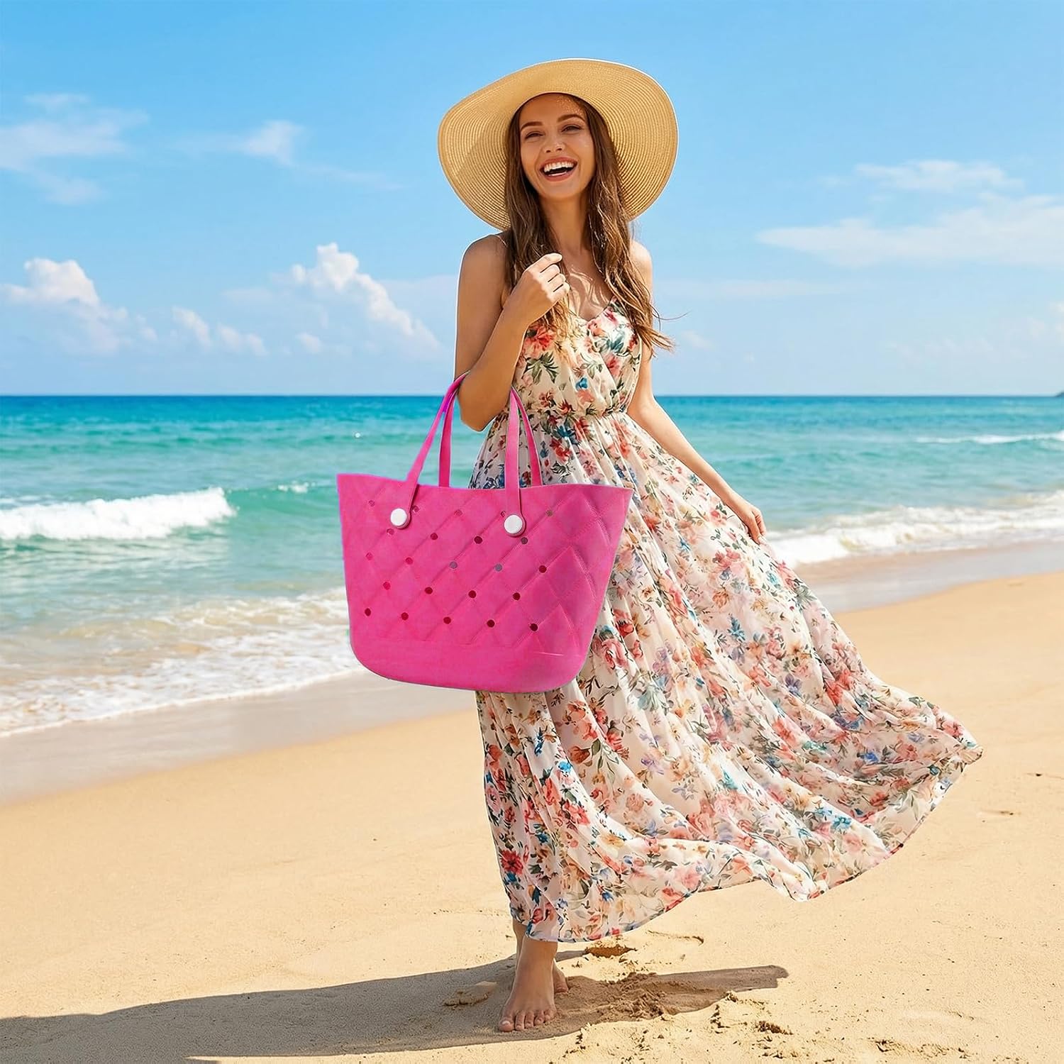 EVA Beach Bag for Women, Waterproof Rubber Beach Bag, Sandproof Pool Bag with 2 Pouches