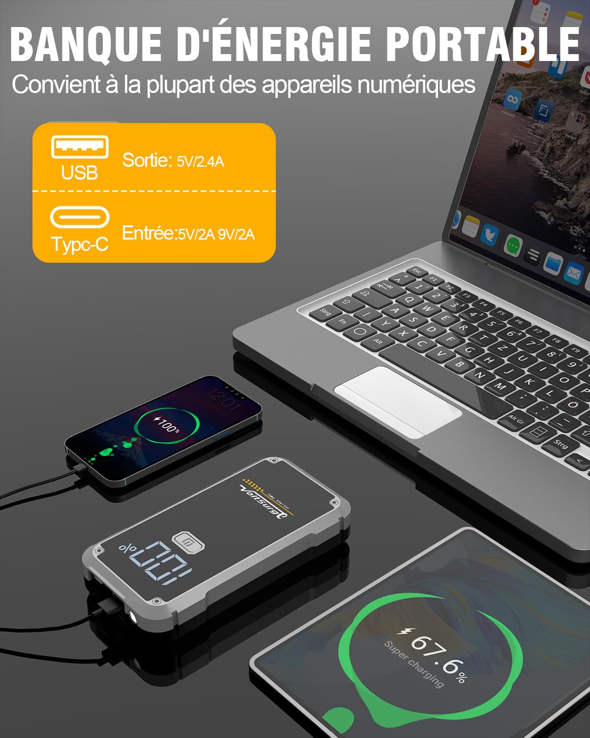 Démarreur de Batterie de Voiture 5000A - Démarreur Portable pour Moteurs Essence 7.0L ou Diesel 5.5L - Pinces de Batterie Incluses - Charge Rapide USB & Lampe LED d'urgence (D06)