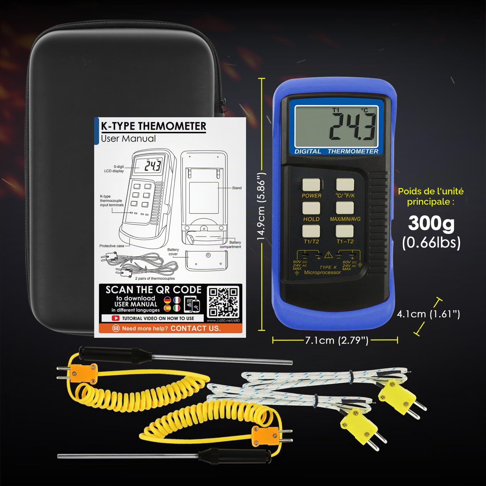 Thermomètre thermocouple numérique K de haute précision (-50 ~ 1300 °C) 2 canaux 4 sondes fil/acier inoxydable Testeur de température Kelvin portable