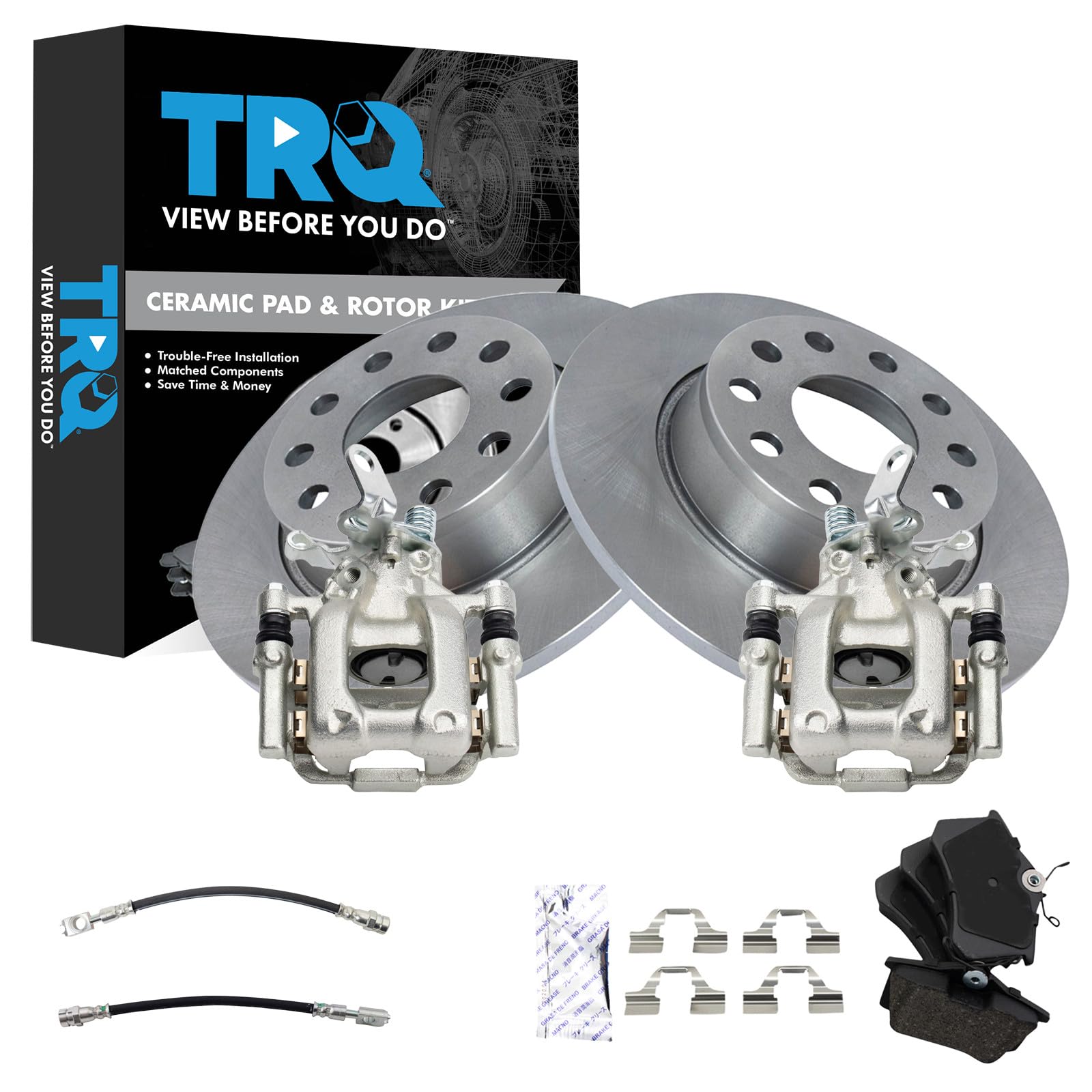 TRQ Rear Brake Pad and Rotor Set Ceramic Calipers Compatible with 2012 Volkswagen Beetle 2013 Jetta