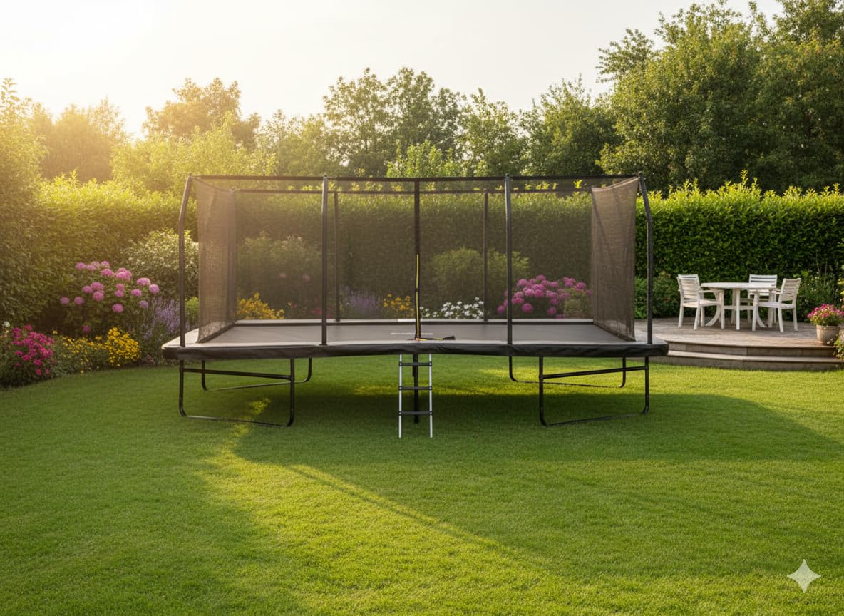 Trampoline de Jardin Rectangulaire XXXL 518cm x 305cm modèle Famille -Pack Complet livré avec Filet de sécurité, Matelas de Protection et Echelle Noir