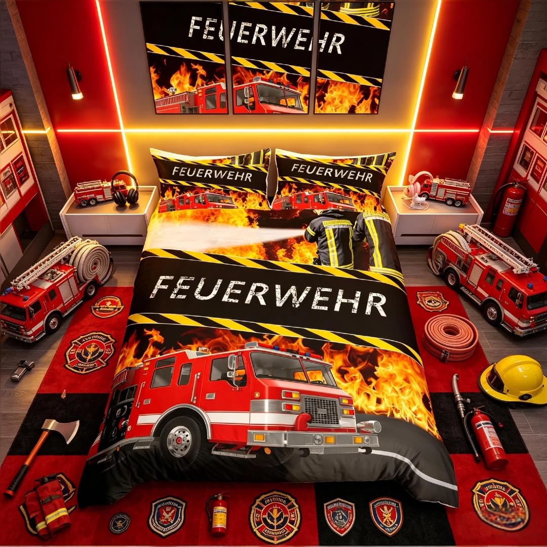 Homemissing Fire Department Themed Bedding Set, Fire Truck Bedding Single for Boys Kids Teens Room Decorative Vehicle Car Duvet Cover Set, Cool Firemen Bedding โ image 1