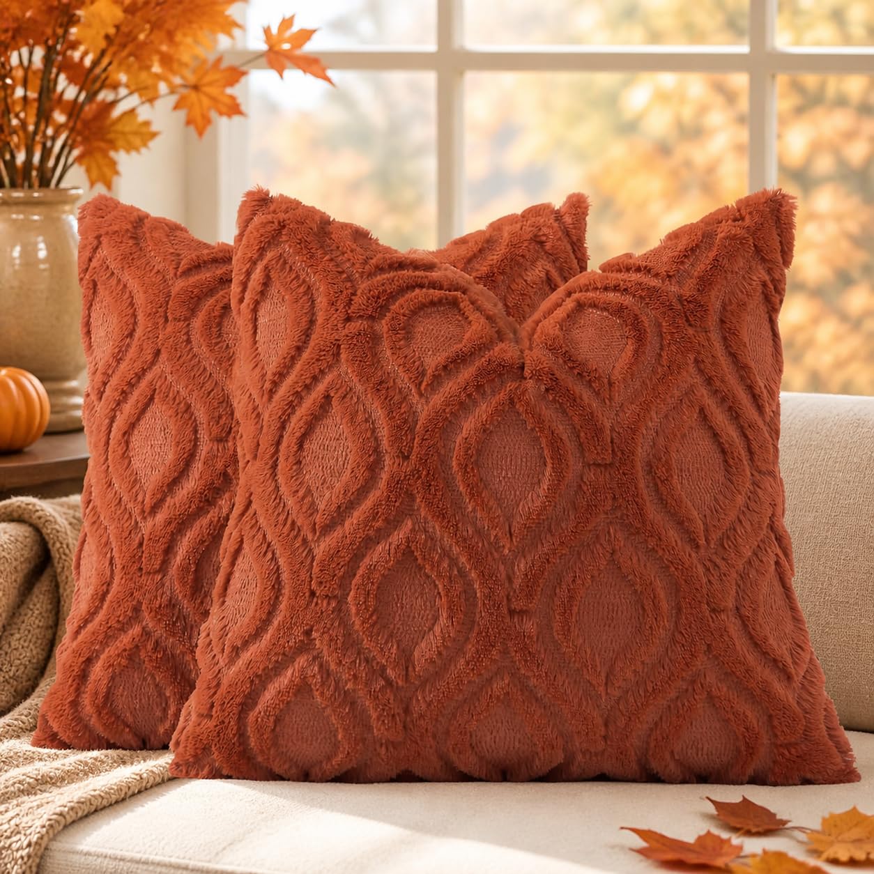 decorUhome Faux Fur Plush Soft Rust Throw Pillow Covers 24x24 Set of 2