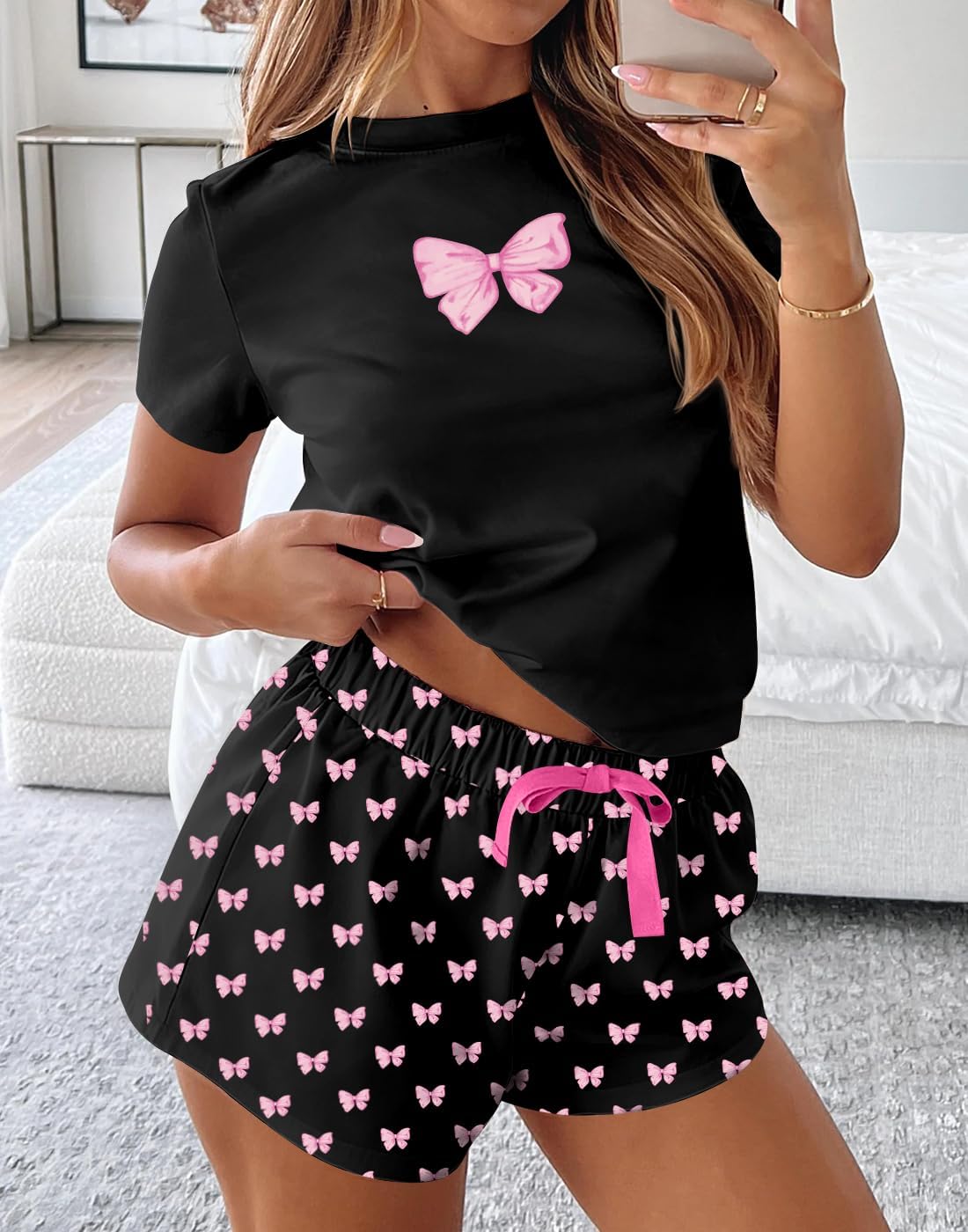 BONITEE Women Cute 2 Piece Pajama Sets Summer Short Sleeve Pjs Set Print Graphic Crop Top Shorts Outfits image 2