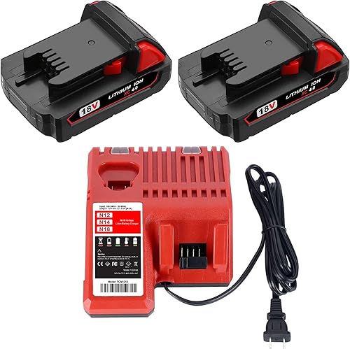 SKYON Paquete de 2 baterías y cargador de 18V 4Ah 72Wh 48-11-1820 compatible con Milwaukee 18V M-18 48-11-1820 2.0Ah 36Wh 48-11-1815 1.5Ah 27Wh 18V
