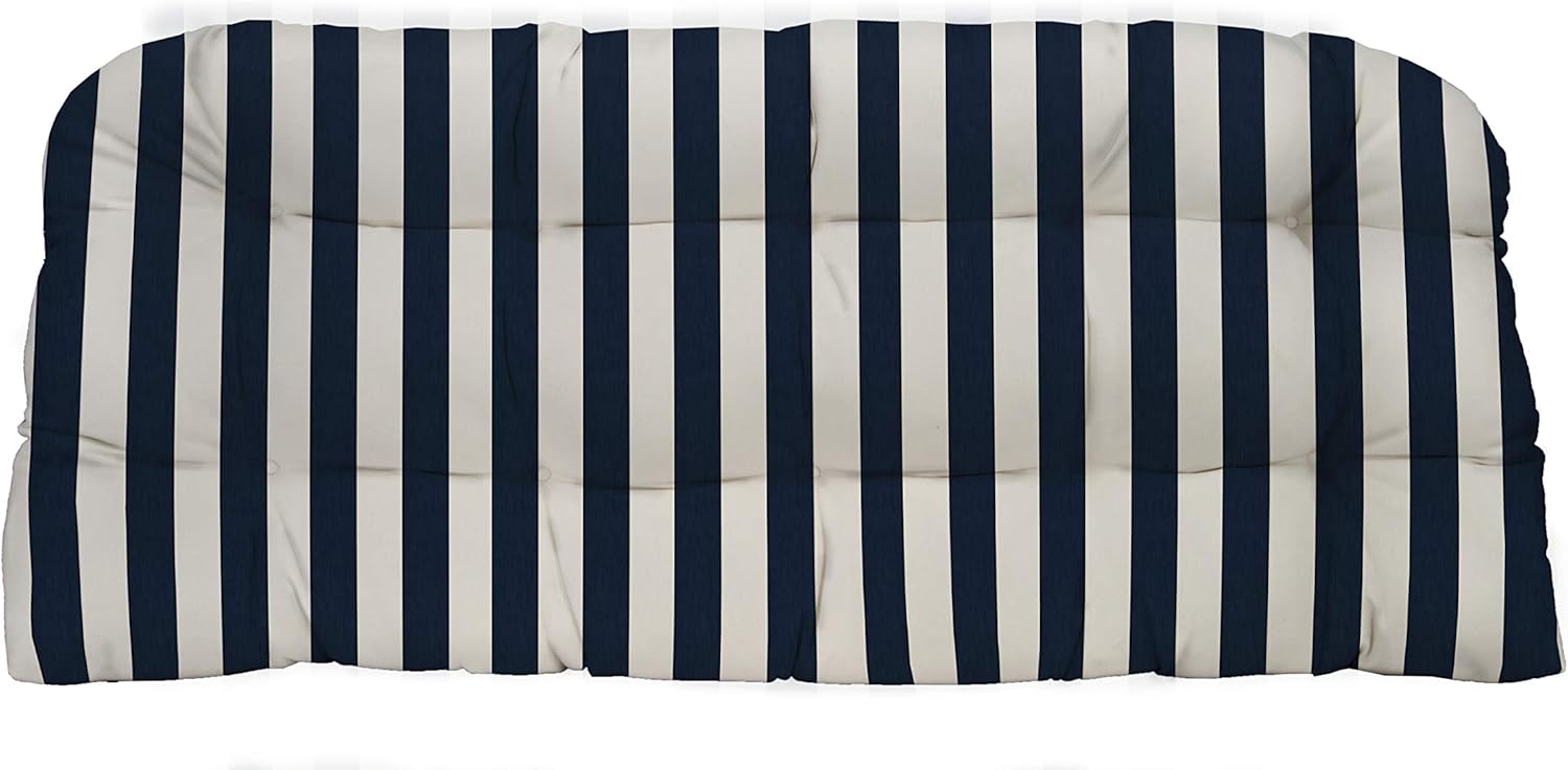 RSH DECOR: Tufted Wicker Loveseat Cushion | 41” x 19 | All-Weather Spun Fabric | Water and Fade-Resistant | Outdoor Settee Cushion for Patio Furniture | Navy & White Stripe