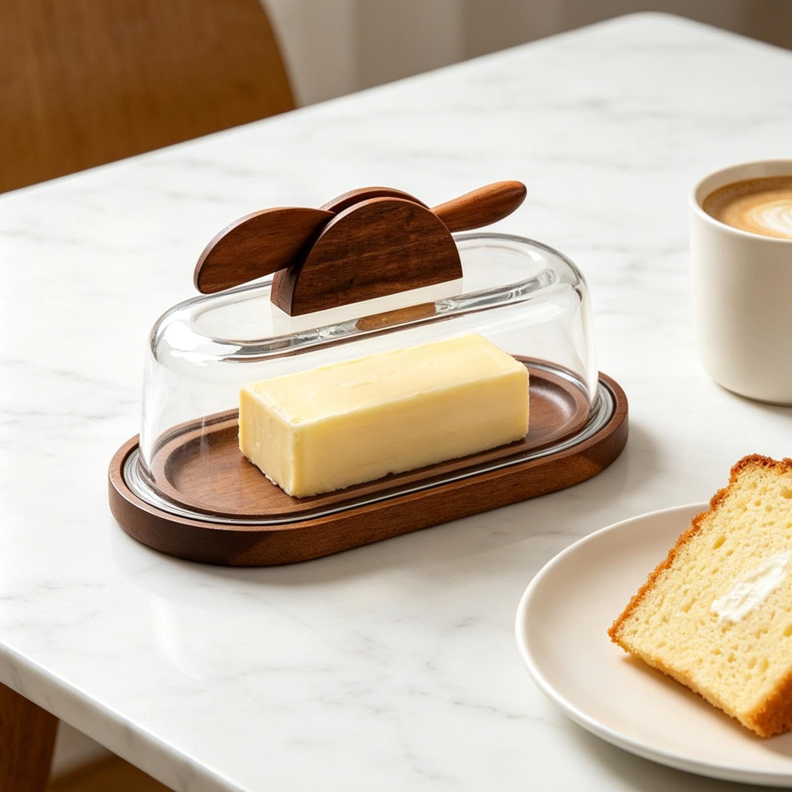 Butter Dish Vassoio Porta Burro Rettangolare con Coperchio Vetro E Base Legno Organizzatore Cucina per Conservare Formaggio E Dolci Scatola per