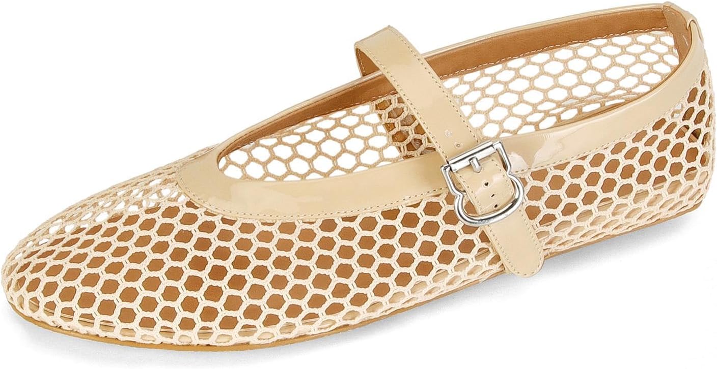 Women's Mesh Ballet Flats Fishnet Ballerina Flats Buckle Strap Mary Jane Flats Causal Daily Dress Shoes