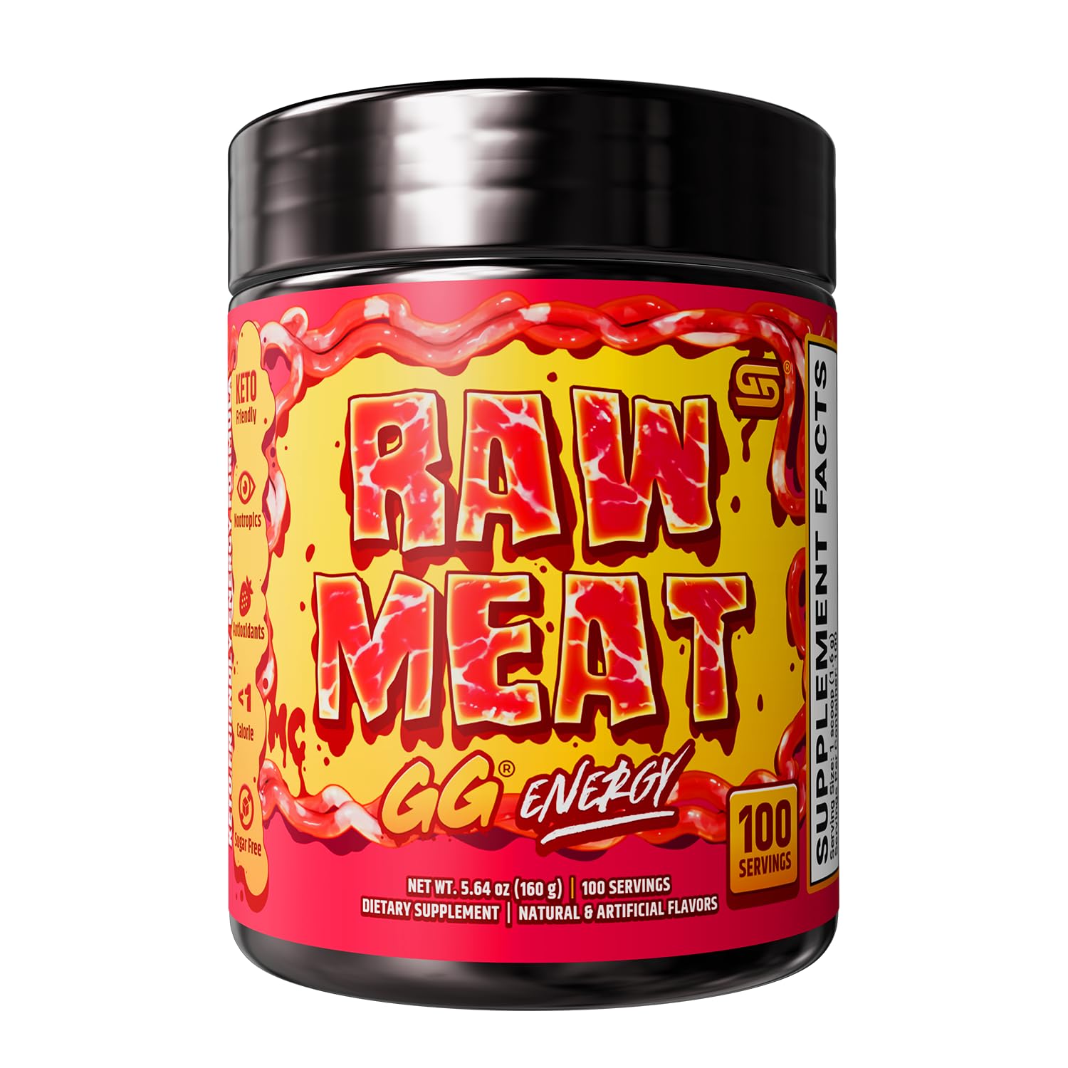 Gamer Supps GG Energy Raw Meat by MeatCanyon – pó para bebida energética sabor melancia e melão, 100 porções