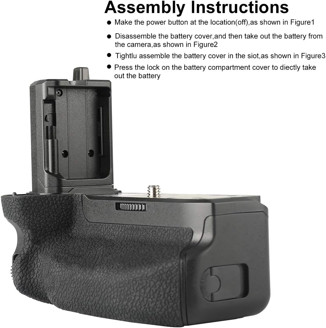 Close-up of the Meike MK-A7R IV battery grip's controls including shutter, dials, and joystick