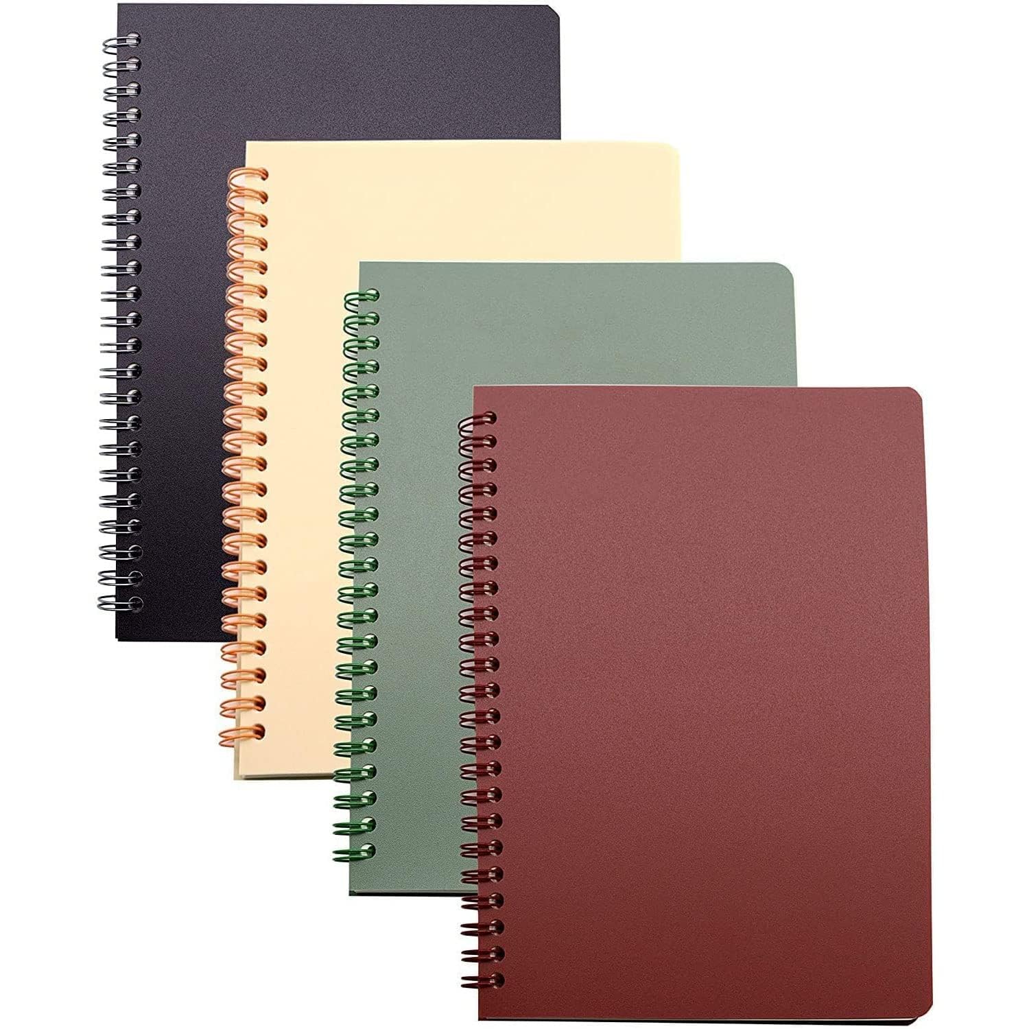 Excefore Spiral Notebooks, 4 Pack, 4-Subject, College Ruled Paper, A5 8.3x5.9inch Thick Plastic Hardcover 80 Sheets for Study and Notes (Red, Brown, Green, Beige)