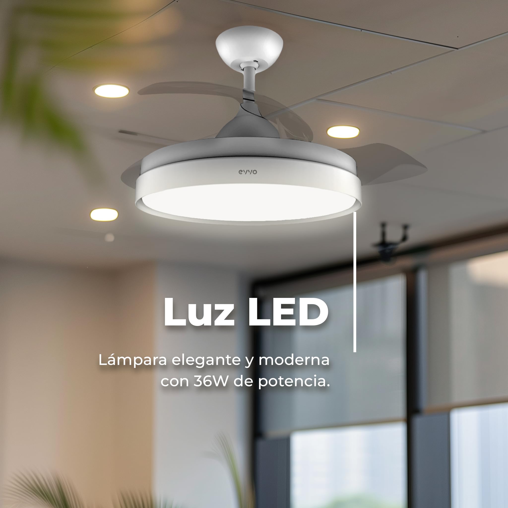 EVVO Ventilador de Techo con Aspas Rectráctiles y Luz, Ø107cm, 3 Aspas, Motor DC 40W, 6 Velocidades, Temporizador hasta 4h, Función Invierno-Verano (Modelo: V450 Invisible White)