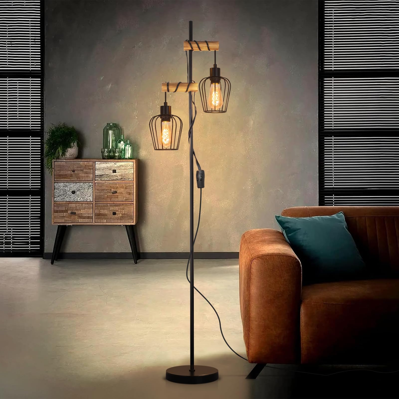 ZMH Stehlampe Wohnzimmer Holz Vintage Stehleuchte 2 flammig in Schwarz | Wohnzimmerlampe stehend im Industrial Design Metall Standleuchte E27 Standlampe für Schlafzimmer - ohne Leuchtmittel
