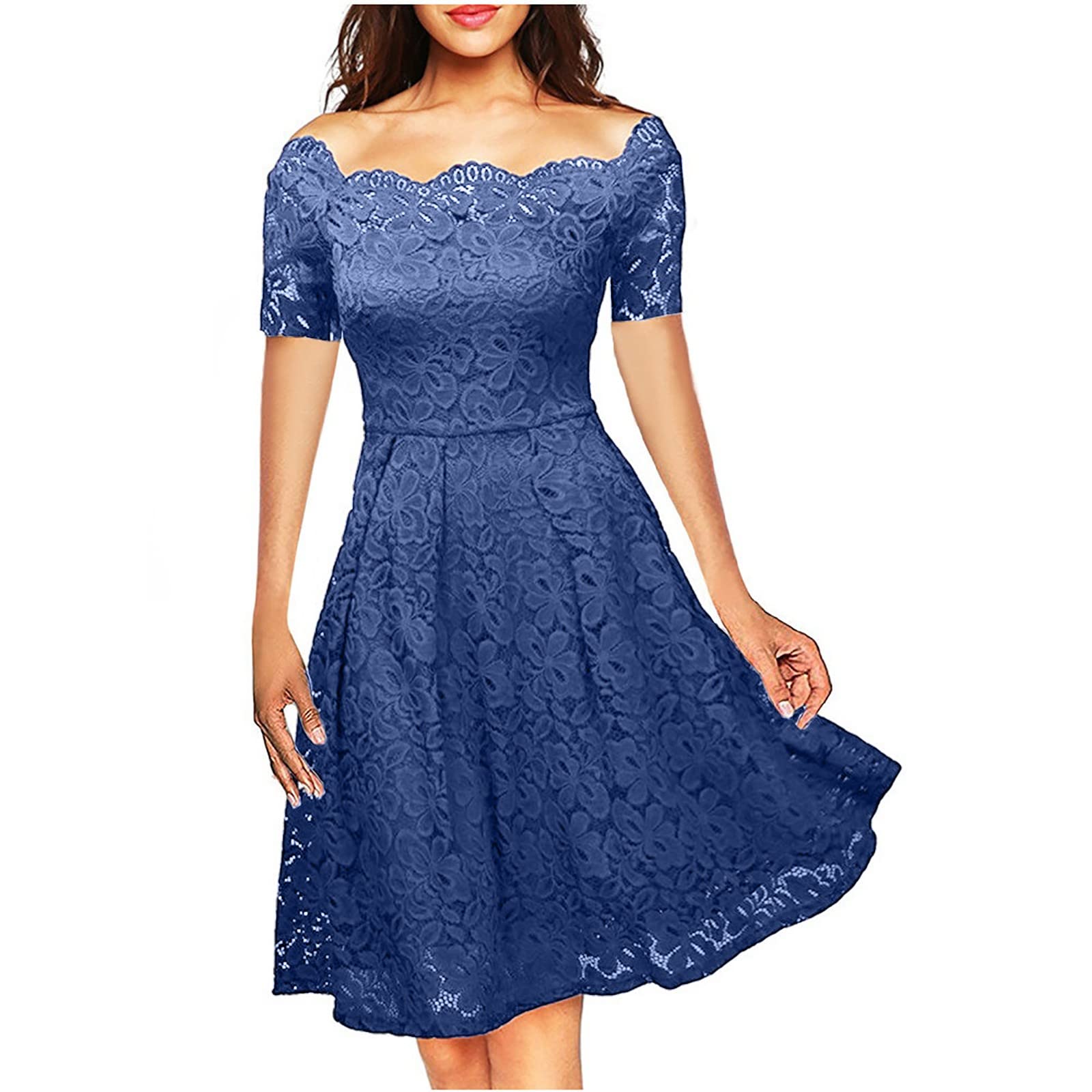 NUSGEAR 2023 Vestidos Largo Mujer Moda Color sólido Fiesta Encaje Vestido de Noche un Hombro Cuello Redondo Manga Corta Elegante Vestidos de Cóctel Corto Casual Vestido Verano Novia Boda Vestir
