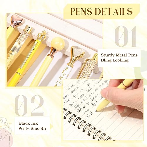 Miniatura 3 de Juego de 9 bolígrafos de metal con diamantes de cristal bolígrafo de arena líquida purpurina para diario tinta negra retráctil purpurina de cristal