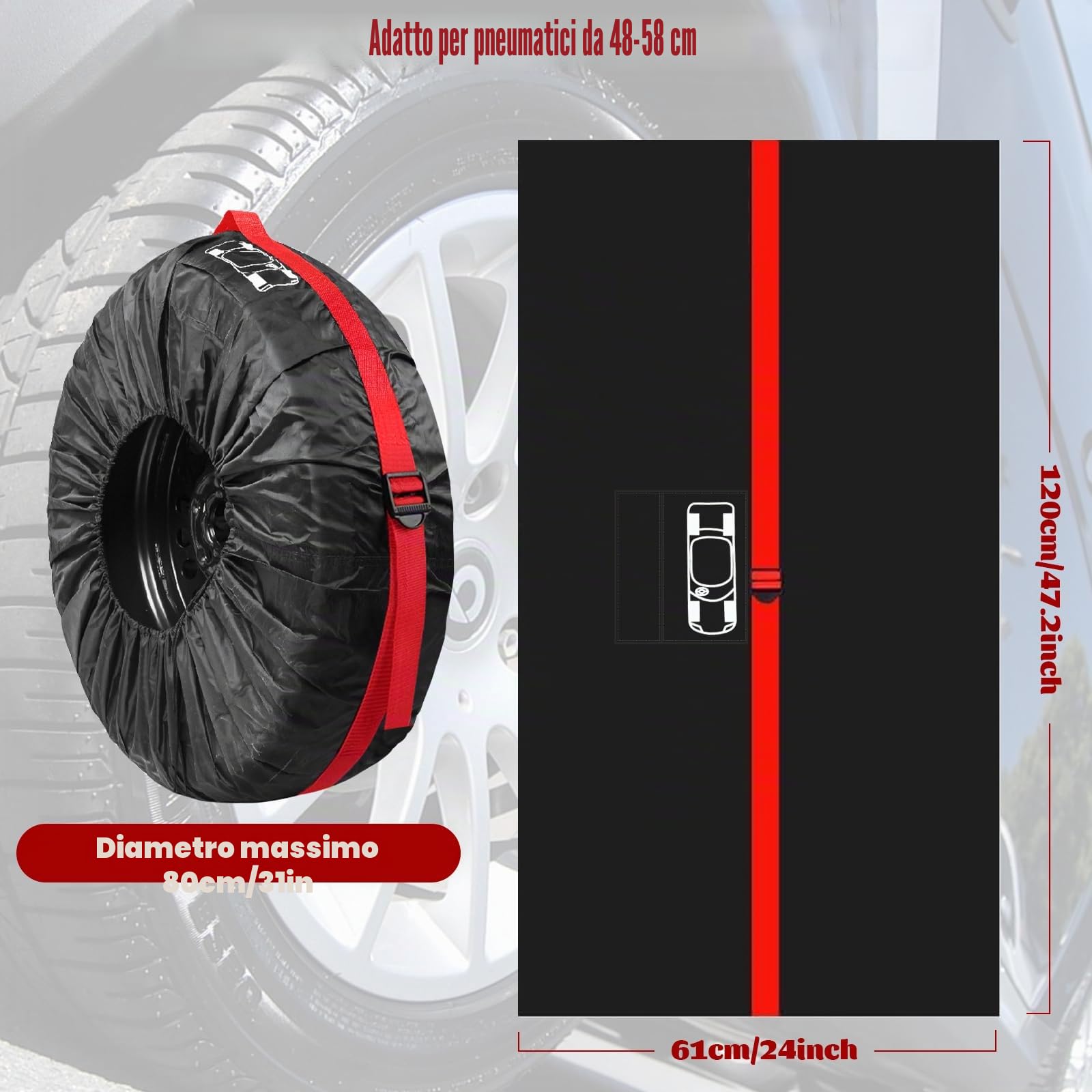 Set di 4 Borse per Pneumatici Auto 18-22 Pollici Copriruota Impermeabile Antipolvere Diametro 80 cm