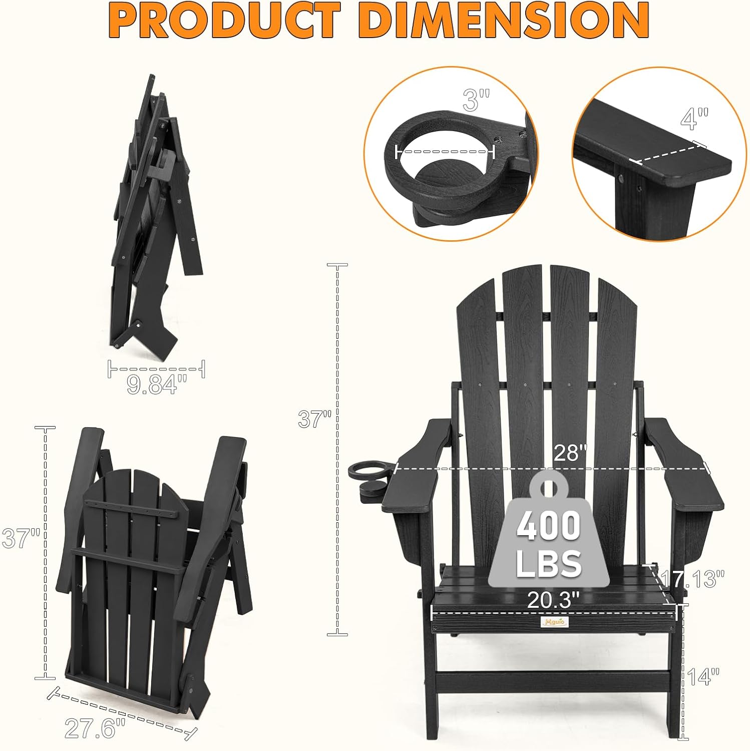 Folding Adirondack Chair, All Weather Stable Gun-Leg Design Fire Pit Chairs with Cupholder for Outside