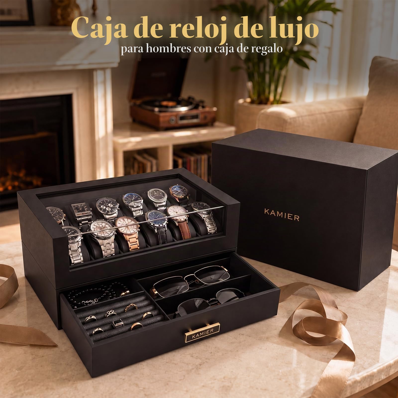 Caja de reloj de madera 12 ranuras con cajón, exhibición con tapa de cristal, soporte 2 capas para almacenamiento de joyas
