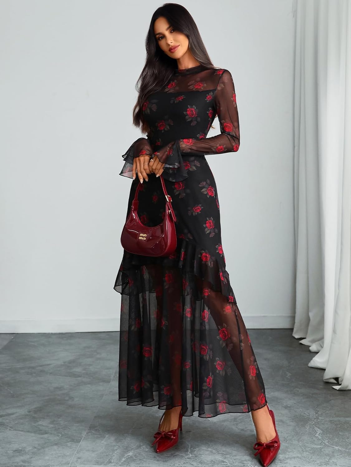 GothDark Womens Floral Maxi Dress Sheer Mesh Bell Sleeve Tiered Ruffle Gothic Romantic Casual Long Dresses - Image 5