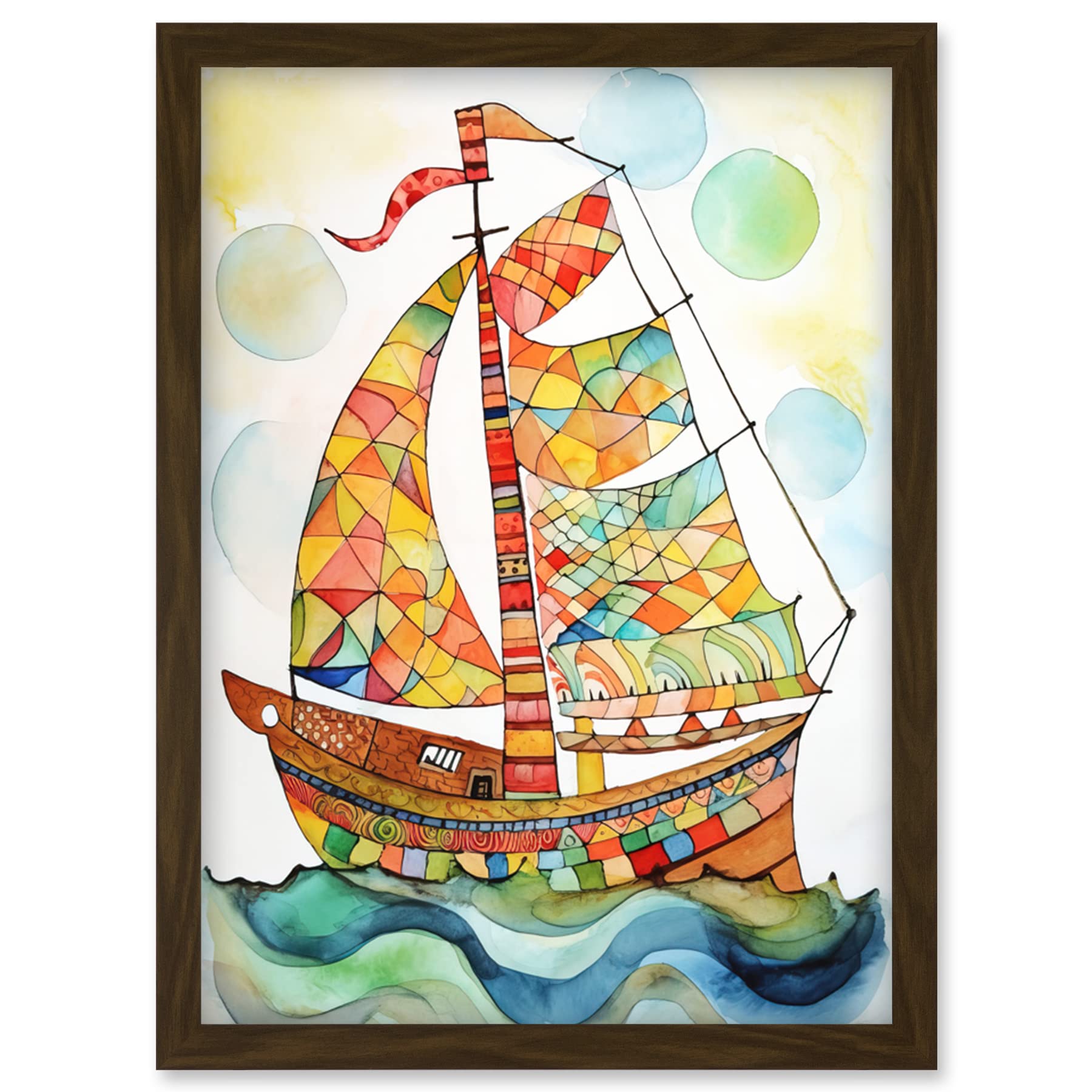 Artery8 Sailing Ship At Sunrise Folk Art Artwork Framed Wall Art Print A4