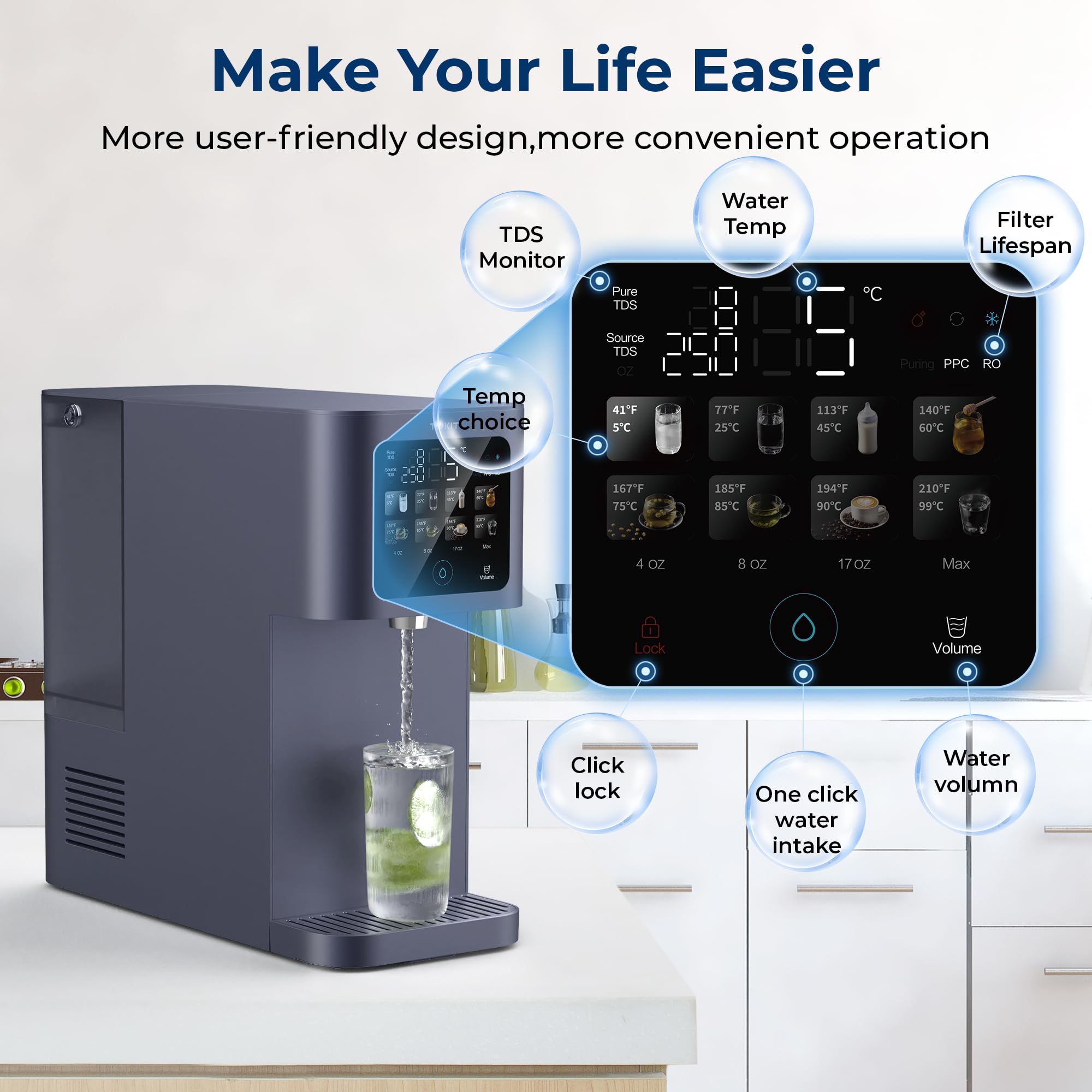 TOKIT T1 Système d'Osmose Inverse de Comptoir, Distributeur d'eau Température Normale, Norme NSF/ANSI 58, Refroidisseur D'eau 3:1 Pur à Drainer