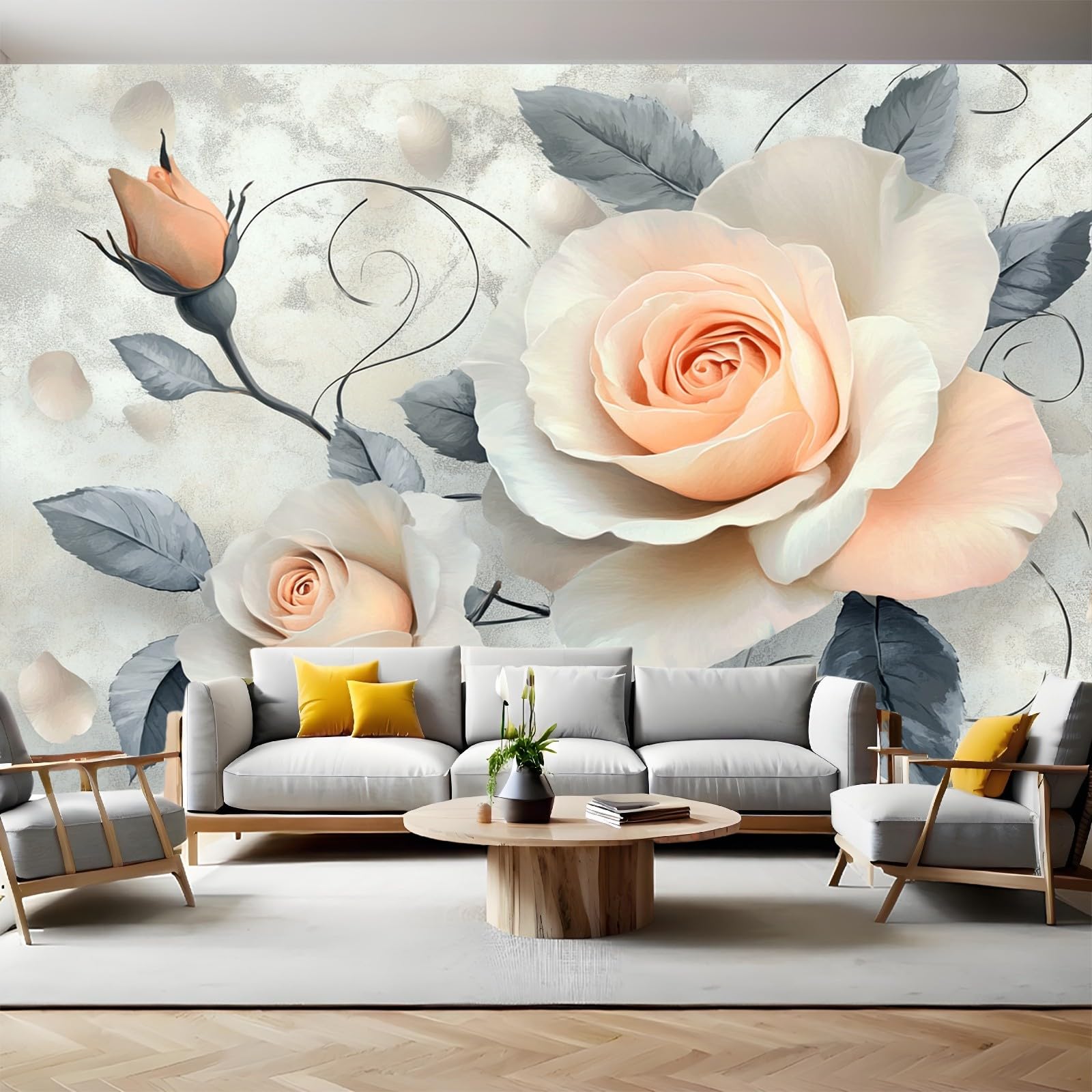 Fototapete Vintage-Rosen Vliestapete 400 x 280 cm gräulich-weiß 3D Effekt Wandbild Moderne Wandtapete für Schlafzimmer Wohnzimmer