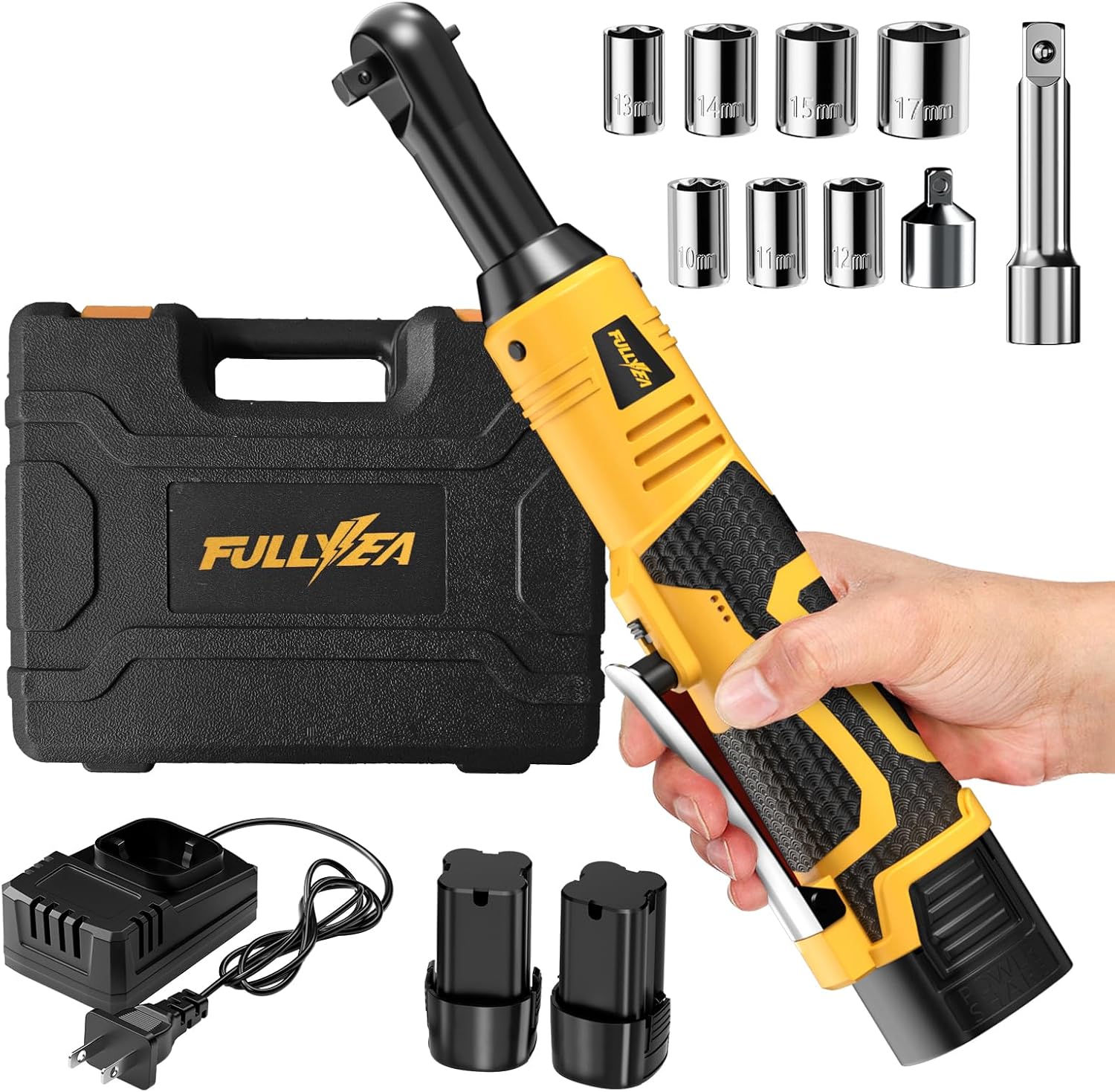 FULLYEA 3/8" Cordless Electric Ratchet Wrench Set, 550RPM, 40Ft-lbs, 16.8V Extended Power Ratchet Tool Kit with Variable Speed, 1/4" Adapter, 3" Extension Bar, 2*2.0Ah Battery and Fast Charger(Yellow)