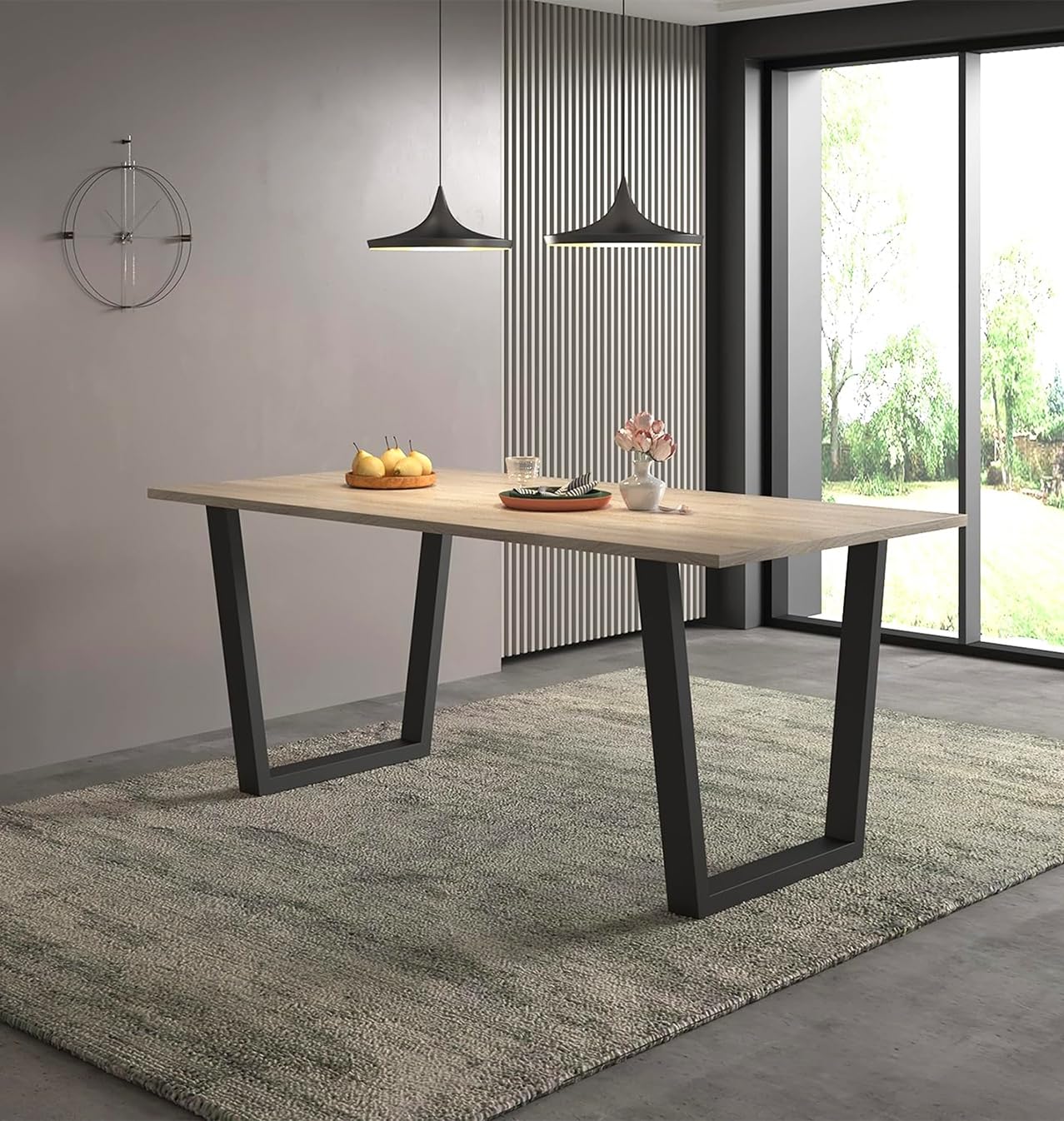 Hallowood Furniture Dudley Large Light Oak Dining Table with Black Legs, Stylish 4-6 Seater 180cm Rectangular Wooden Dining Table with Metal Legs in U-Shaped, Industrial Style Kitchen Furniture