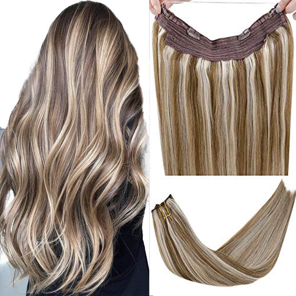LaaVoo Highlighted Sew in Hair Extensions Human Hair 14 Inch 80g Light Brown with Blonde Remy Hair Extensions Weft Real Human Hair Thick Double Weft