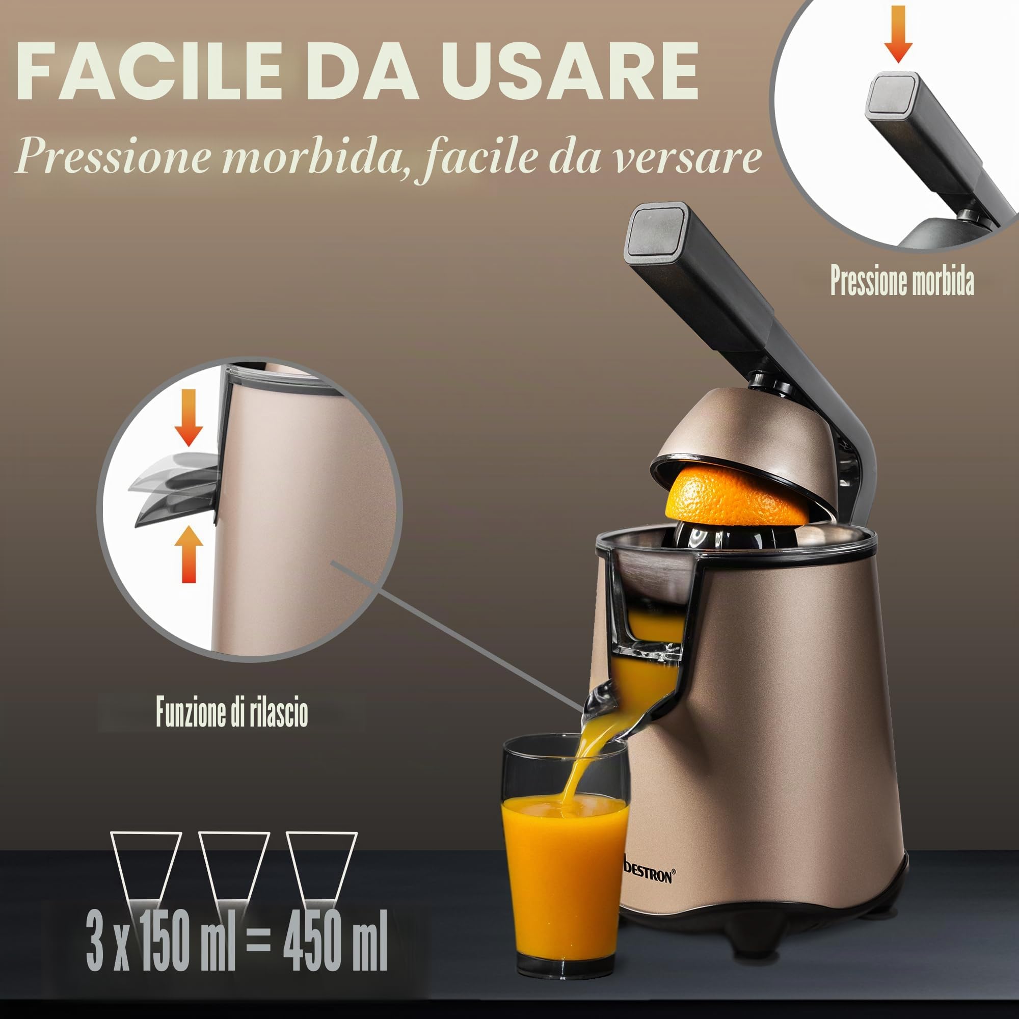 Bestron Spremiagrumi elettrico, spremiagrumi con funzione di arresto e filtro polpa in acciaio inox, con 2 coni, capacità 450 ml, leva soft pressa per un facile utilizzo, colore: beige
