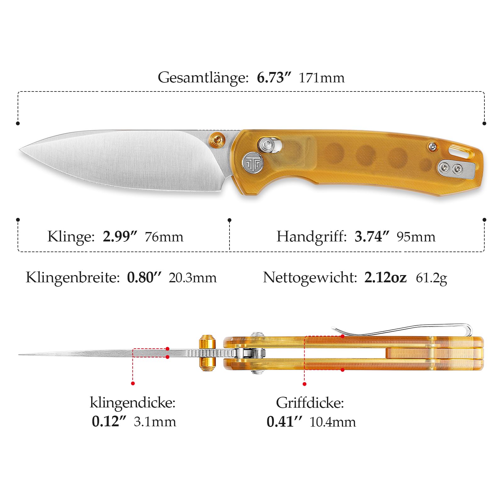 TRIVISA EDC Taschenmesser Klappmesser, 14C28N-Stahlklinge Rettungsmesser, Gelber Ultem-Griff Taschenmesser mit Gürtelclip, Outdoor-EDC-Messer für Camping, Jagd und Wandern, Dragonfly-YP