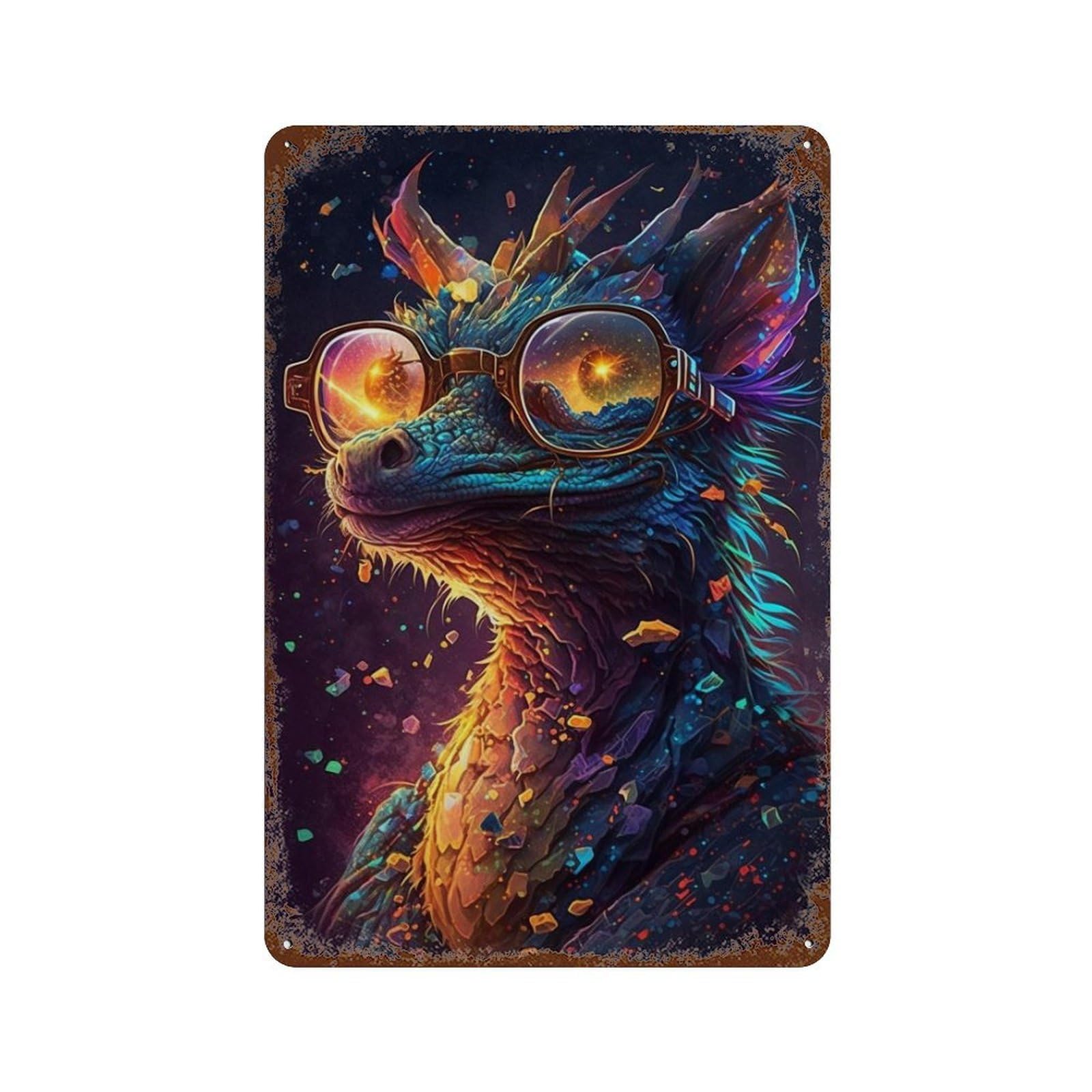 Colorful Dragon with Glasses 11.8"x7.9" Distressed Metal Wall Sign, Shabby Chic Decor for Shed, Workshop And Garage Wall Decor