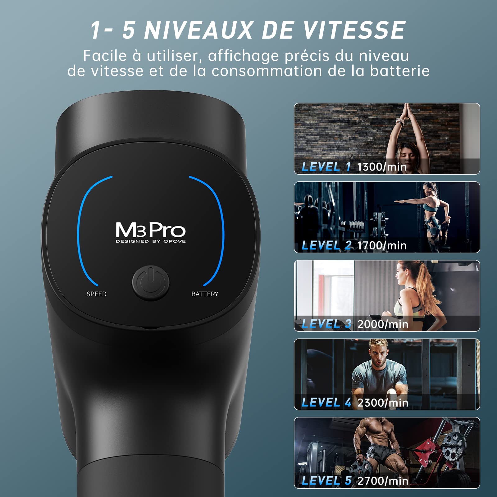 OPOVE Pistolet de massage Masseur musculaire Percussion des tissus profonds Masseur corporel électrique portabl de sport super silencieux pour la relaxation musculaire profonde, opove M3 Pro Noir