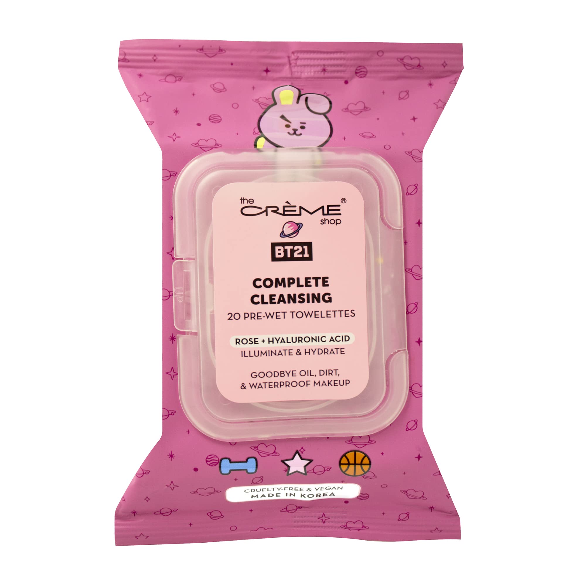 The Crème Shop BT21 COOKY Complete Cleansing Towelettes - Rose & Hyaluronic Acid (20 Pre-Wet Towelettes)