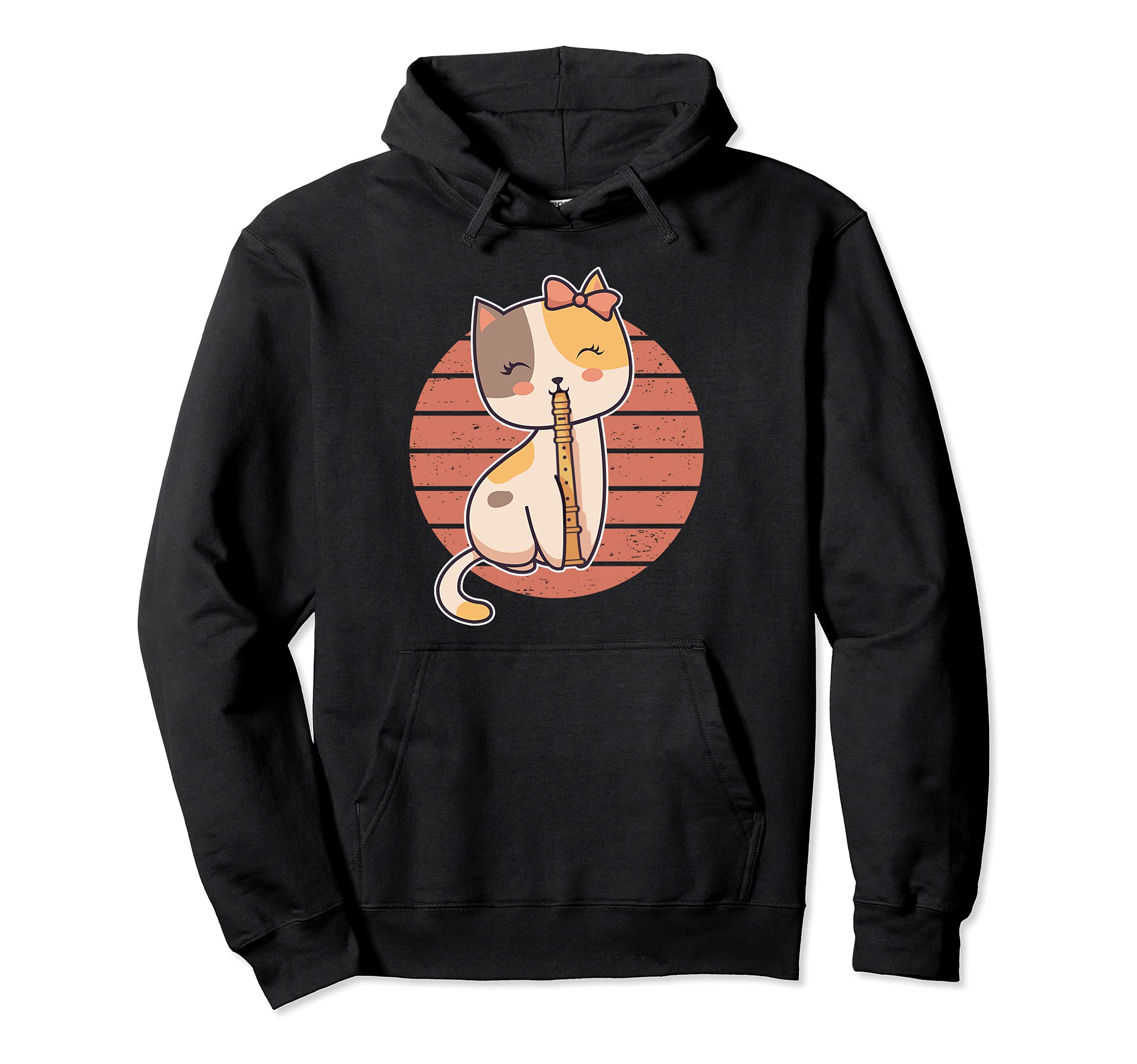 Cute Cat Flute Player Saying Flutist I Cat Playing Flute Pullover Hoodie, Black