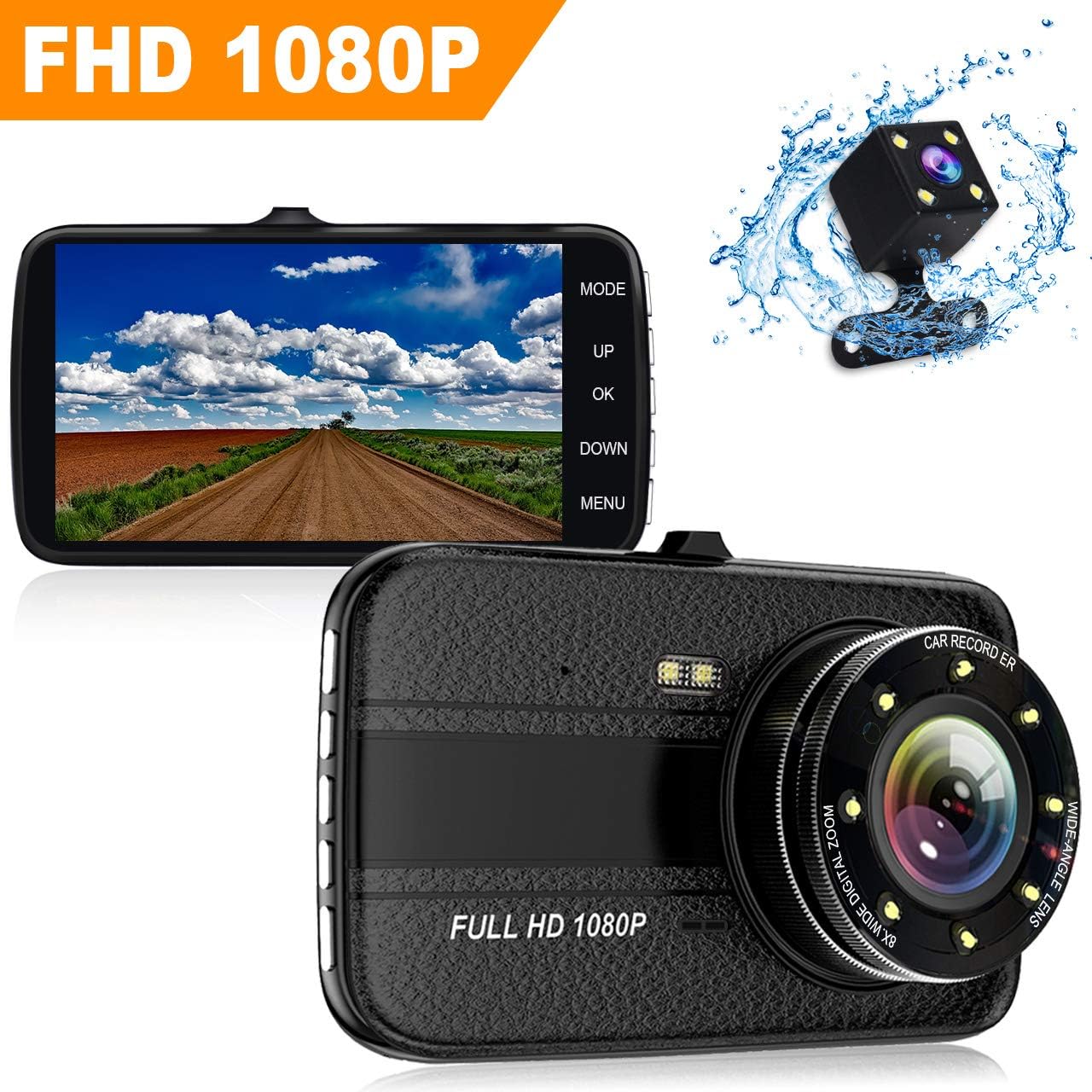 Dash Cams For Cars Front and Rear with Night Vision, Car Camera with 8 Led Lights, 1080P Full HD Dual Lens Dash Cam, 4 Inches Large IPS Screen, 170 wide angle, Loop Recording, G-Sensor