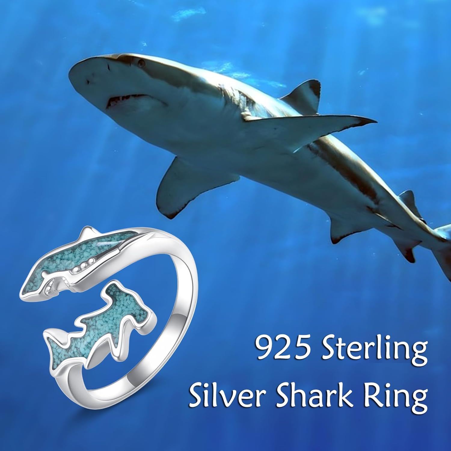 URONE Shark Ring 925 Sterling Silver Turquoise Hammerhead Shark Adjustable Ring Ocean Animal Jewelry Gift for Women - Image 6