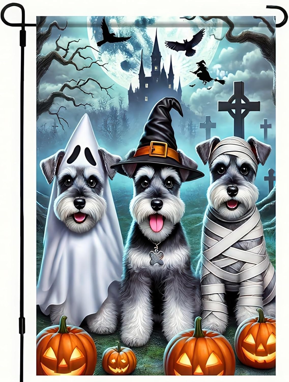Halloween Garden Flag Double Sided 12x18 Flag Dog Fall Garden Flag Halloween Schnauzer Party Flag With Ghost Dress Up Mummy Dress Up Witch Ghost Black Castle Cross Lawn Outdoor Yard Banner