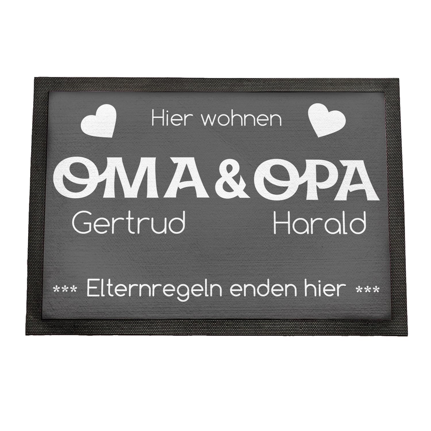 Fußmatte personalisiert Oma und Opa | Geschenk Oma und Opa Geburtstag | Elternregeln Enden Hier | Fussmatte mit Personalisierung | Schmutzfangmatte innen | Geschenkidee Großeltern | 75x50cm mit Rand
