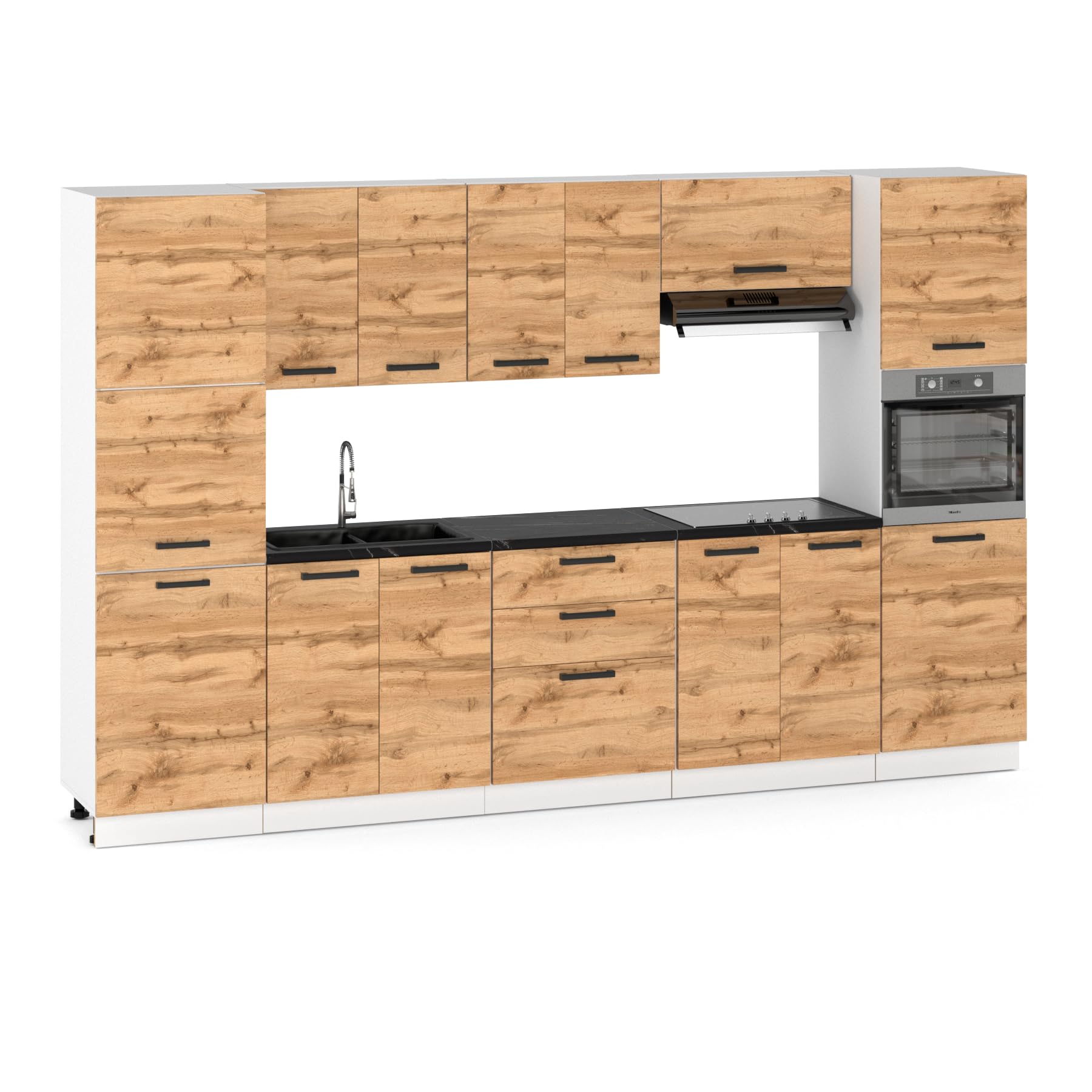 Küchenmöbelset 320cm,Einbau mit Ober- und Unterschränken, Hauswirtschafts- und Backofenbau, Modularküche zum Selbstmontagen ohne Haushaltsgeräte,Stil Modern Eiche Wotan
