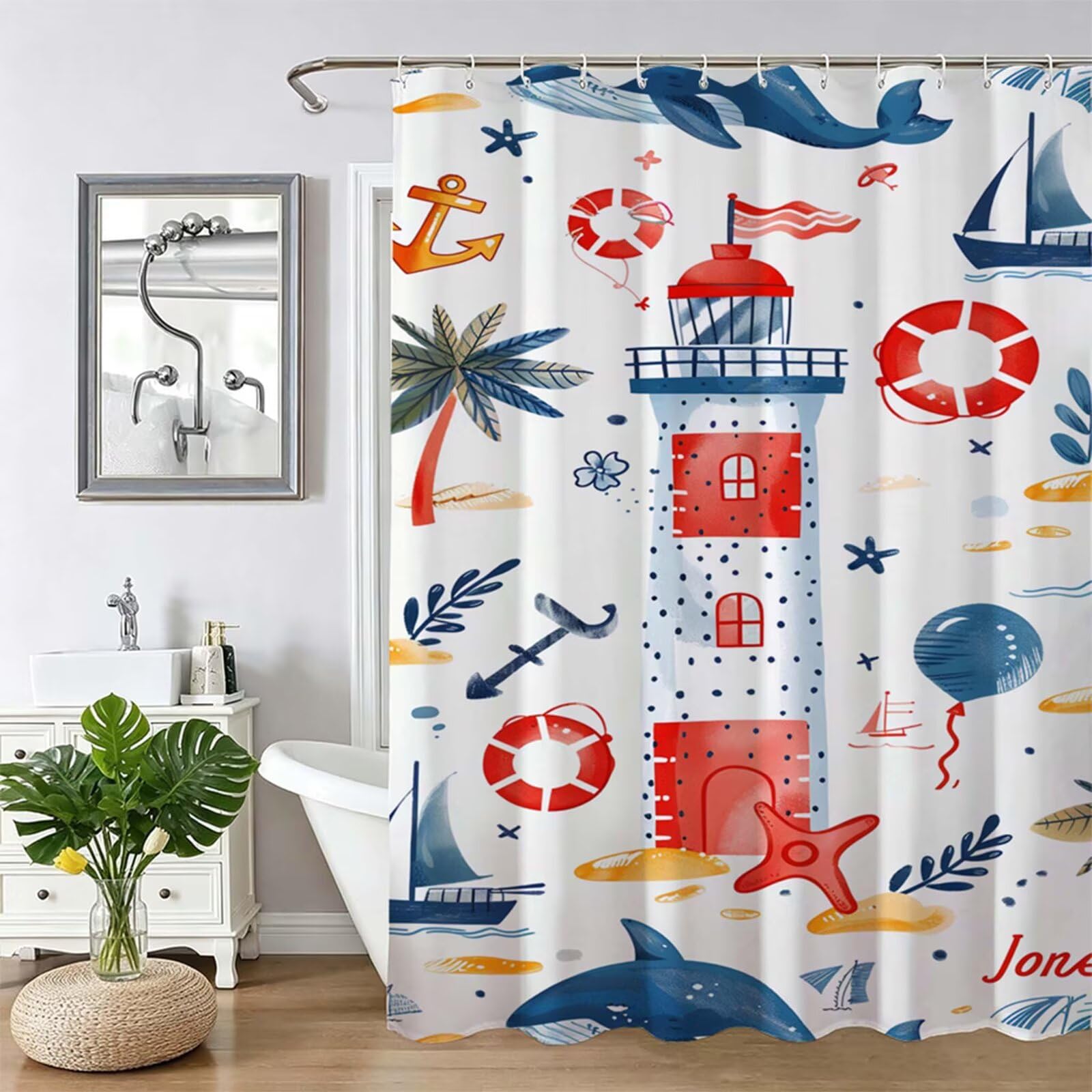Tenda Doccia in Poliestere Bianco, Tende per Doccia Extra Lunga 240x200cm, faro Tenda Vasca da Bagno Tessuto Lavabile, Impermeabile e Facile da Pulire, con 12 Ganci, Decorazione per Bagno, Hotel Z-400