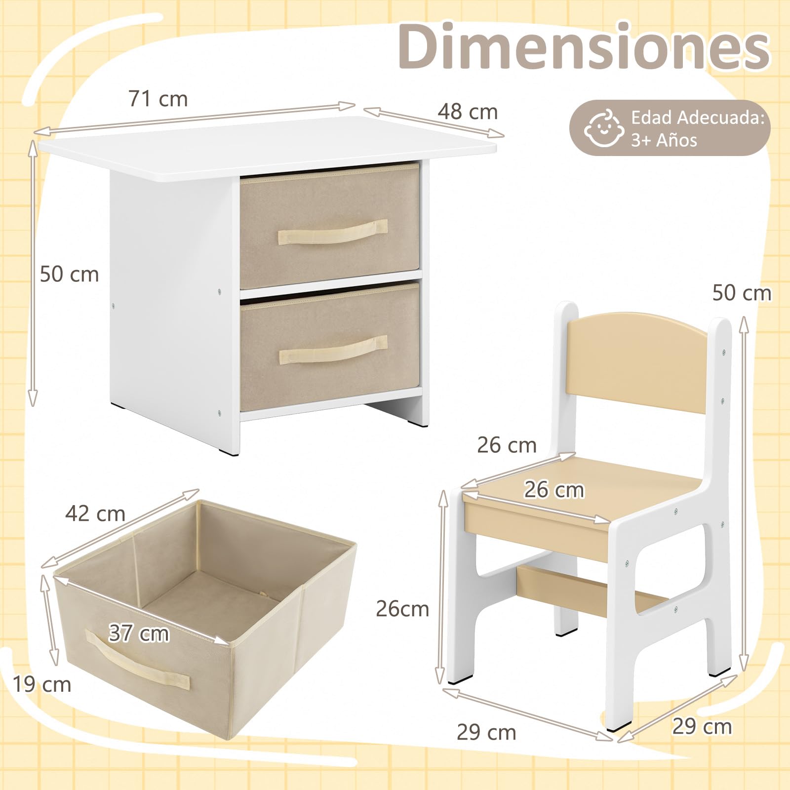GOPLUS Juego de Mesa y 2 Sillas Infantil 3 en 1, Grupo de Asientos y Escritorio con Amplio Tablero para Niños, Mueble Infantil con 2 Cajas de Almacenamiento, Capacidad Carga 50KG (Natural)